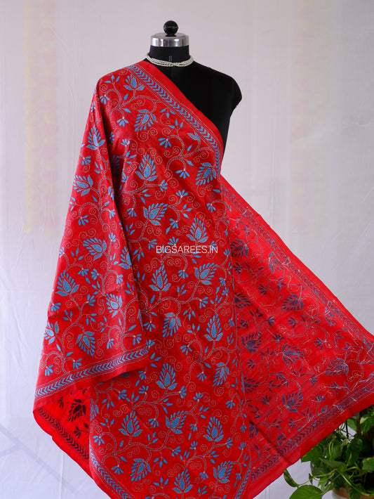 Kantha Stitch Dupatta | Semi Tussar Silk Dye | Red