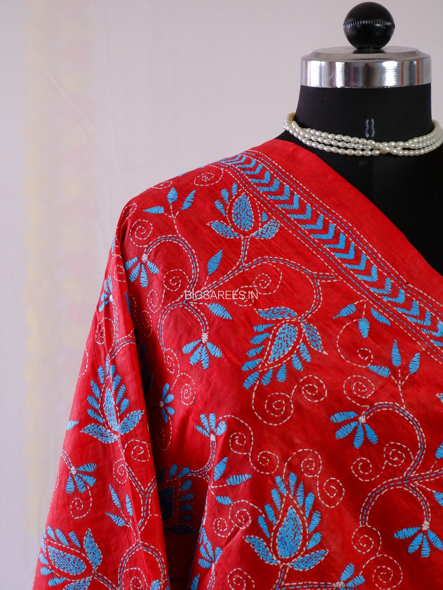 Kantha Stitch Dupatta | Semi Tussar Silk Dye | Red