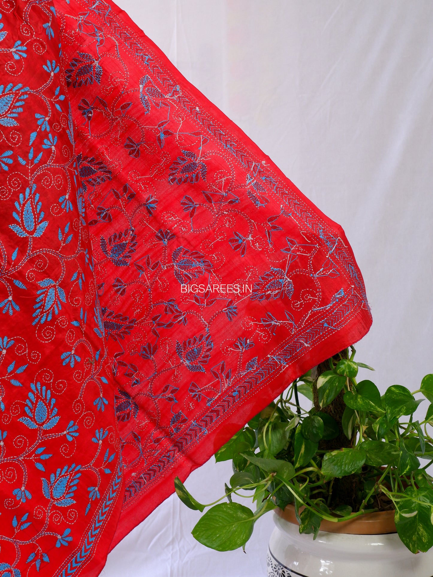 Kantha Stitch Dupatta | Semi Tussar Silk Dye | Red