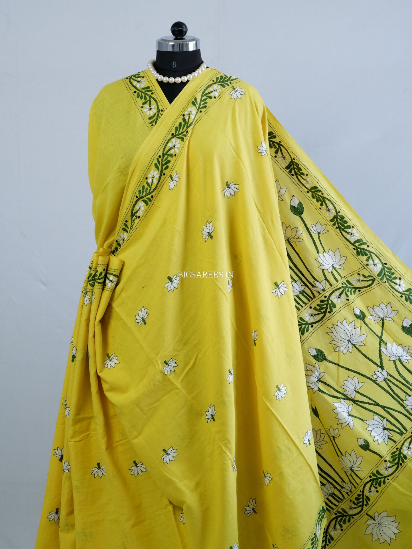 Kantha Hand-Embroidered Saree | Pure Khadi Cotton | Yellow