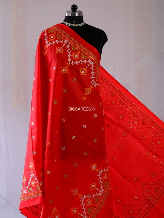 Kutchi Work Dupatta | Pure Banglore Silk Dupatta | Bright Red