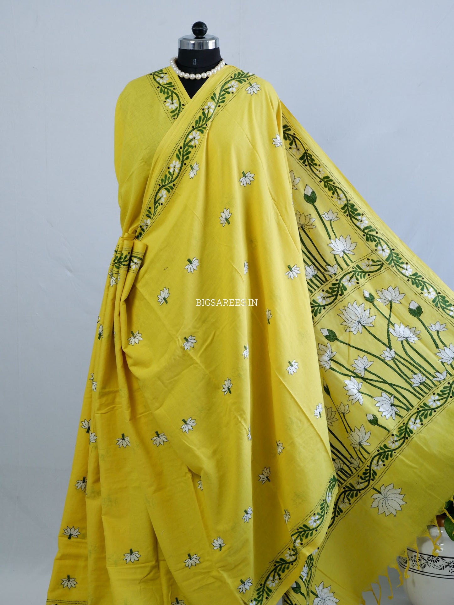 Kantha Hand-Embroidered Saree | Pure Khadi Cotton | Yellow