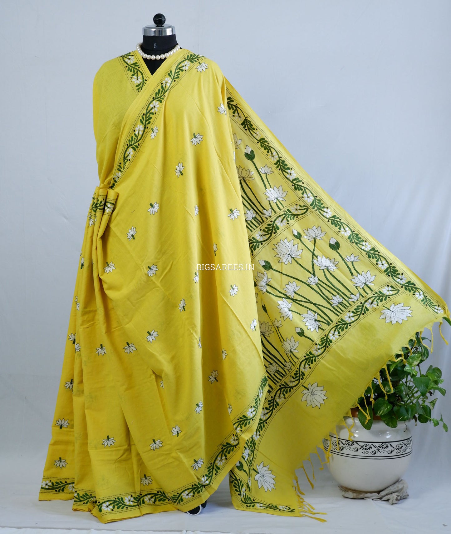 Kantha Hand-Embroidered Saree | Pure Khadi Cotton | Yellow