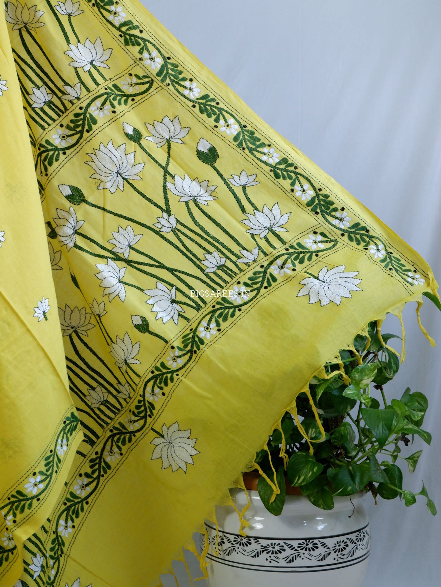 Kantha Hand-Embroidered Saree | Pure Khadi Cotton | Yellow