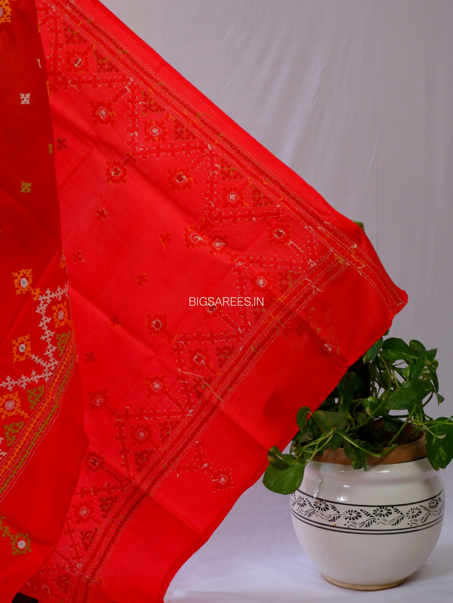 Kutchi Work Dupatta | Pure Banglore Silk Dupatta | Bright Red