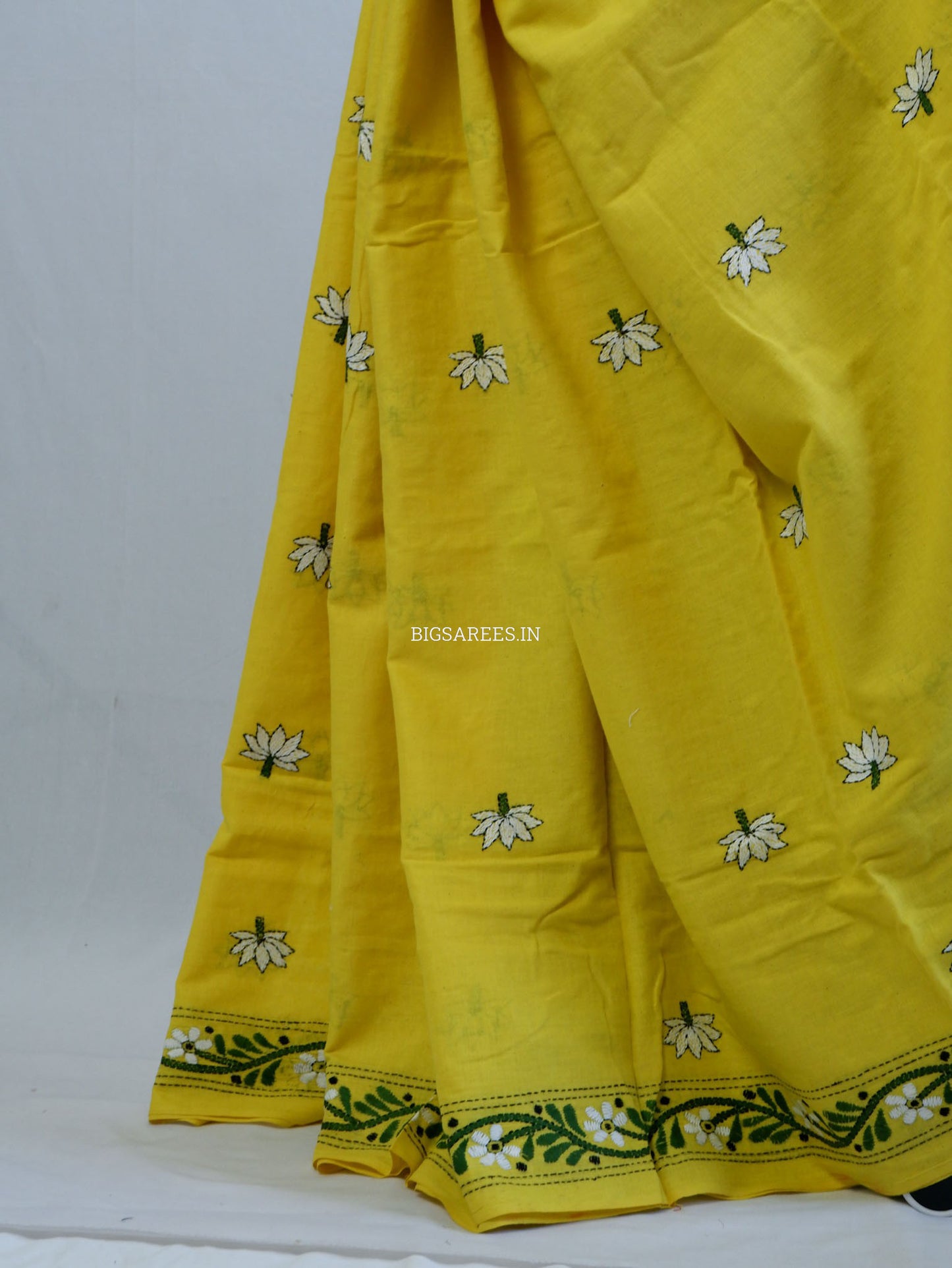 Kantha Hand-Embroidered Saree | Pure Khadi Cotton | Yellow