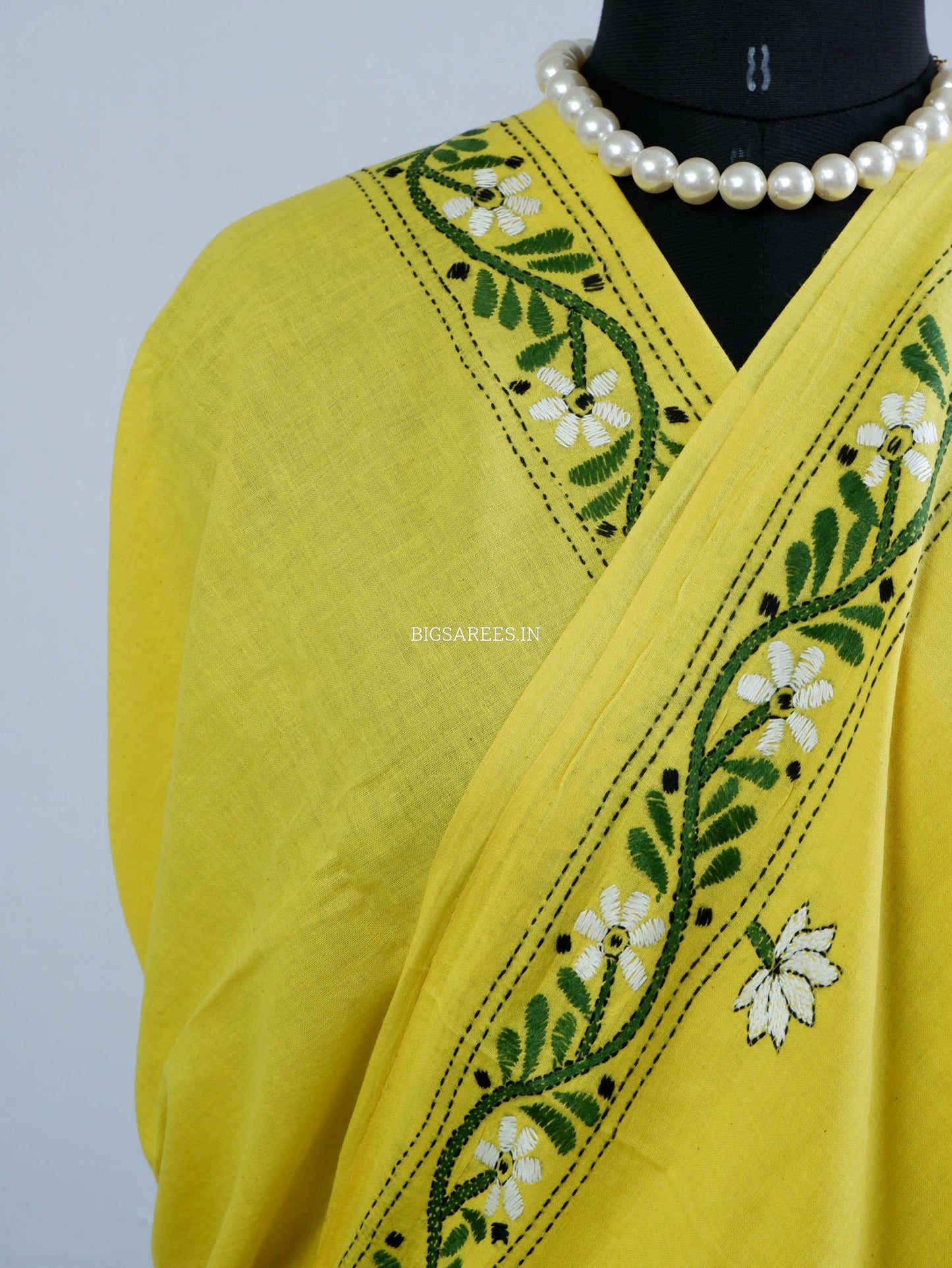 Kantha Hand-Embroidered Saree | Pure Khadi Cotton | Yellow