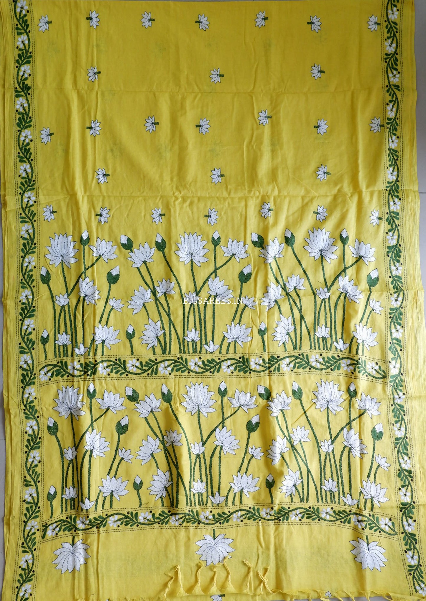 Kantha Hand-Embroidered Saree | Pure Khadi Cotton | Yellow