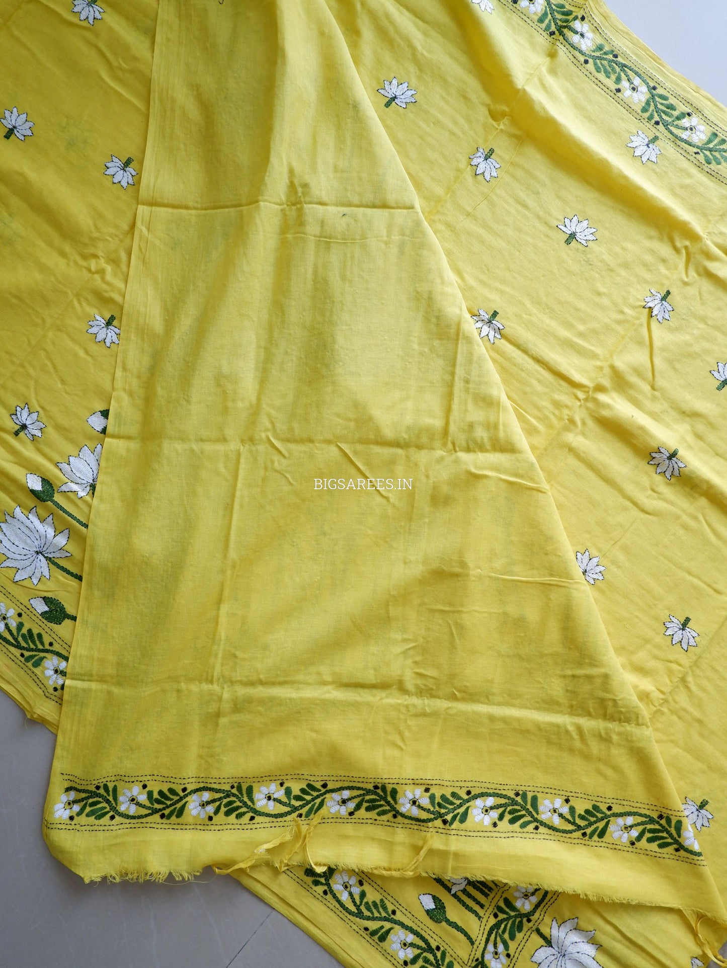 Kantha Hand-Embroidered Saree | Pure Khadi Cotton | Yellow