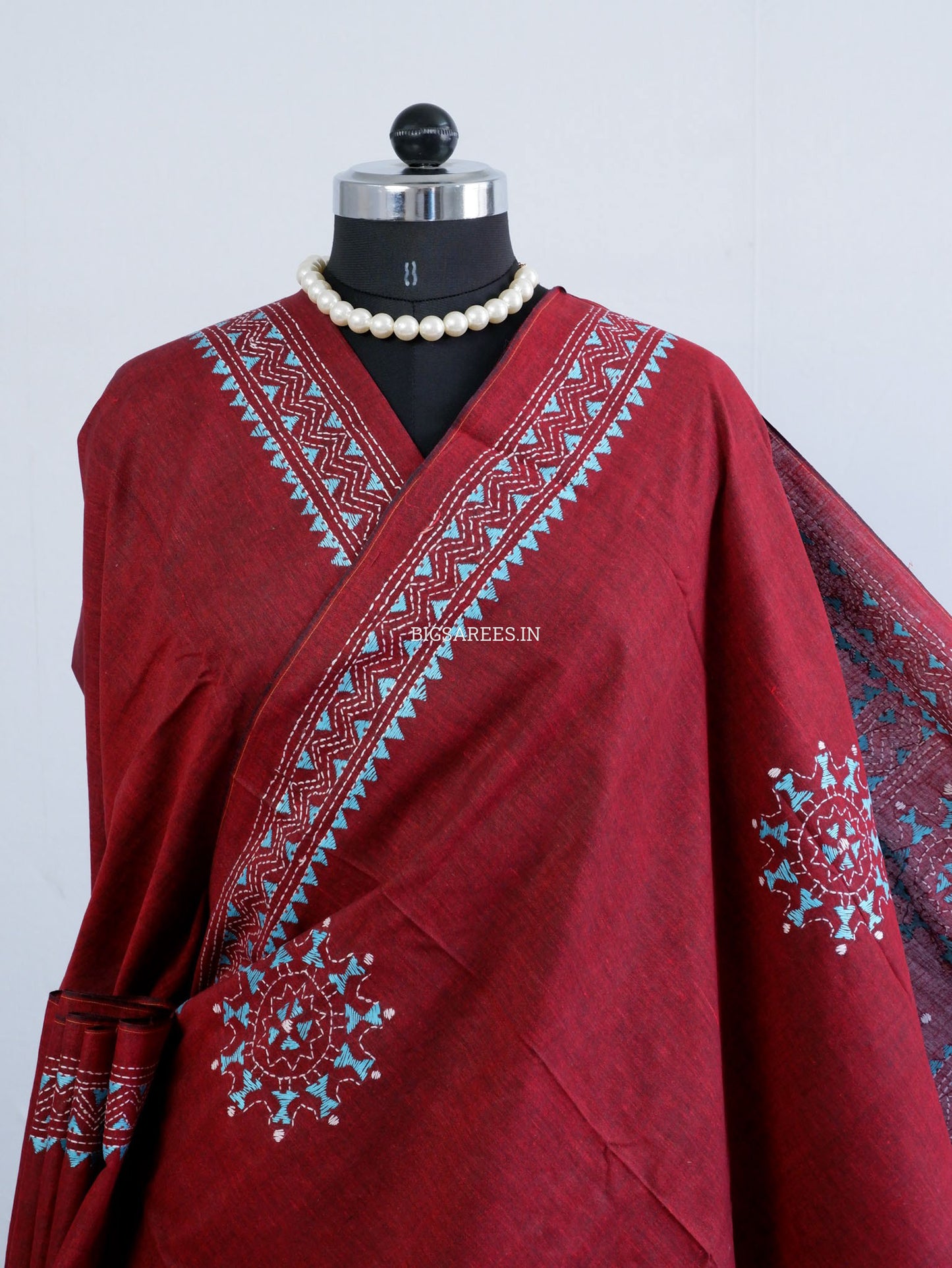 Kantha Stitch Hand-Embroidered Saree | Khadi Cotton | Maroon