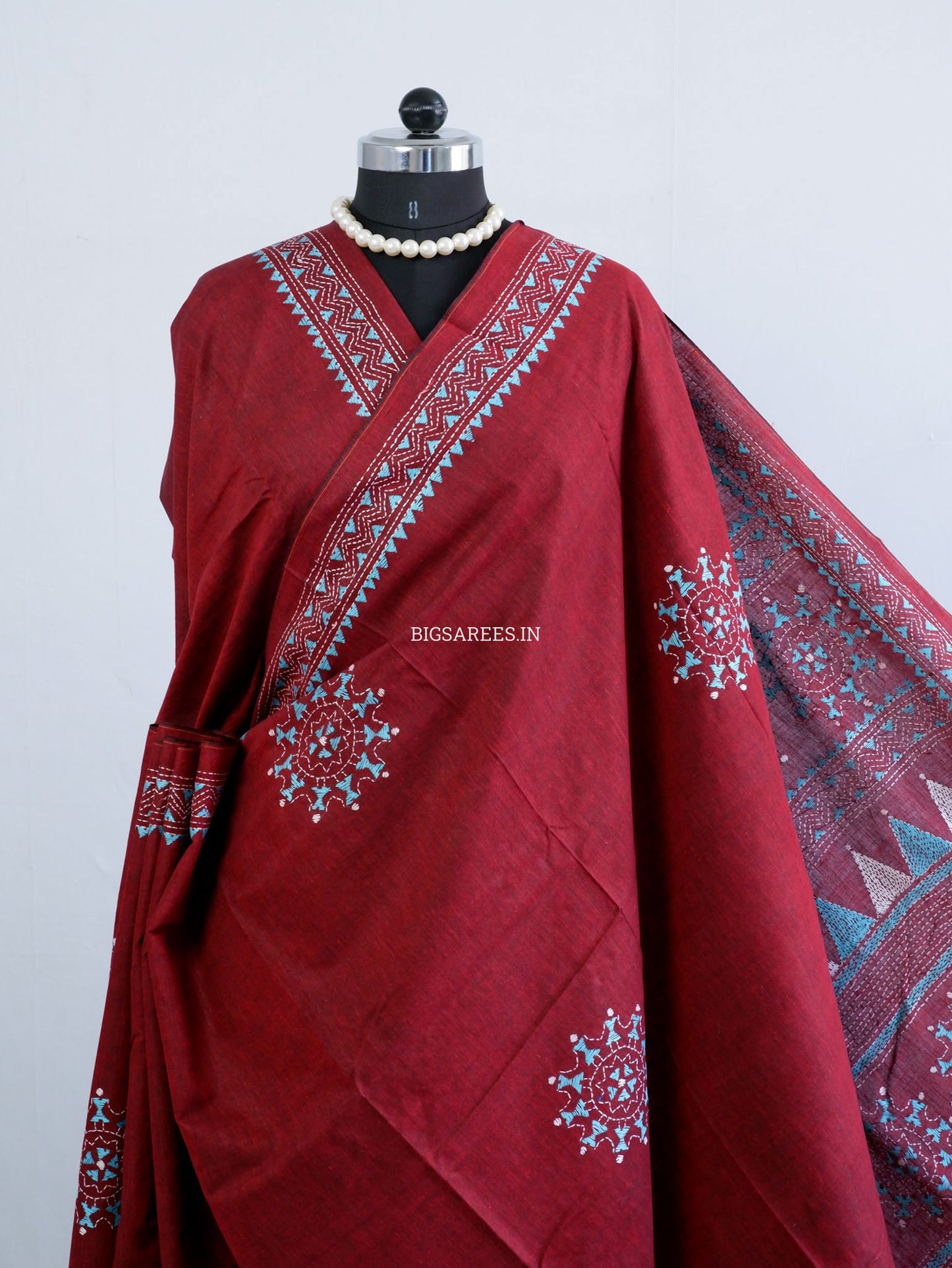 Kantha Stitch Hand-Embroidered Saree | Khadi Cotton | Maroon