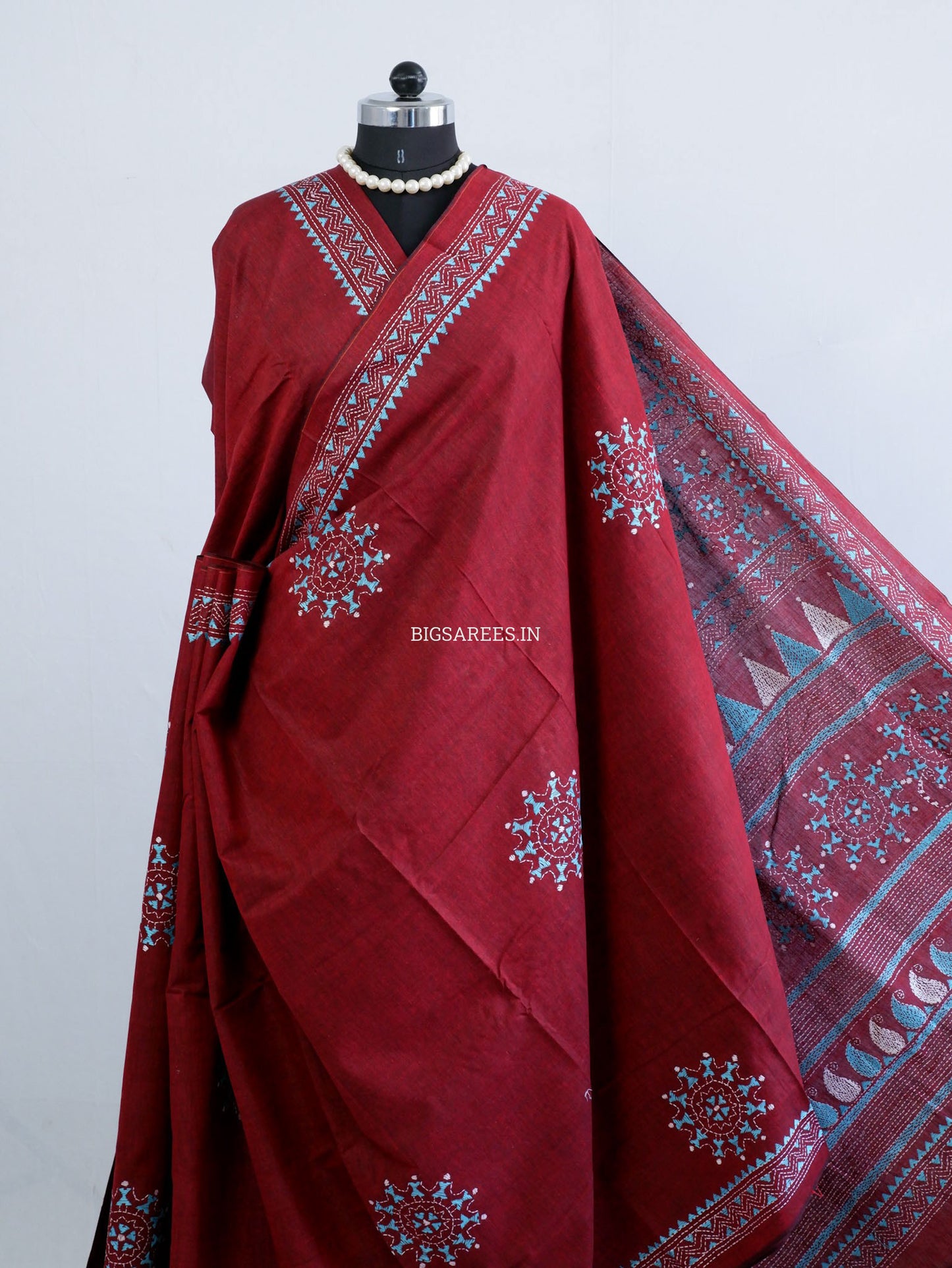 Kantha Stitch Hand-Embroidered Saree | Khadi Cotton | Maroon