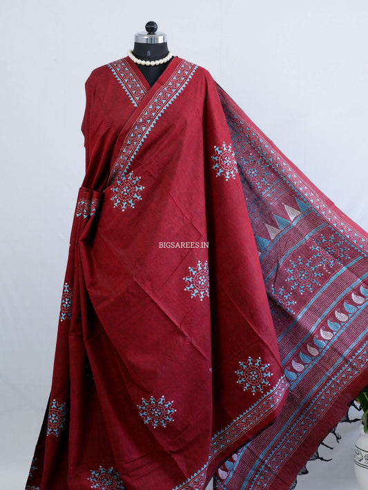 Kantha Stitch Hand-Embroidered Saree | Khadi Cotton | Maroon