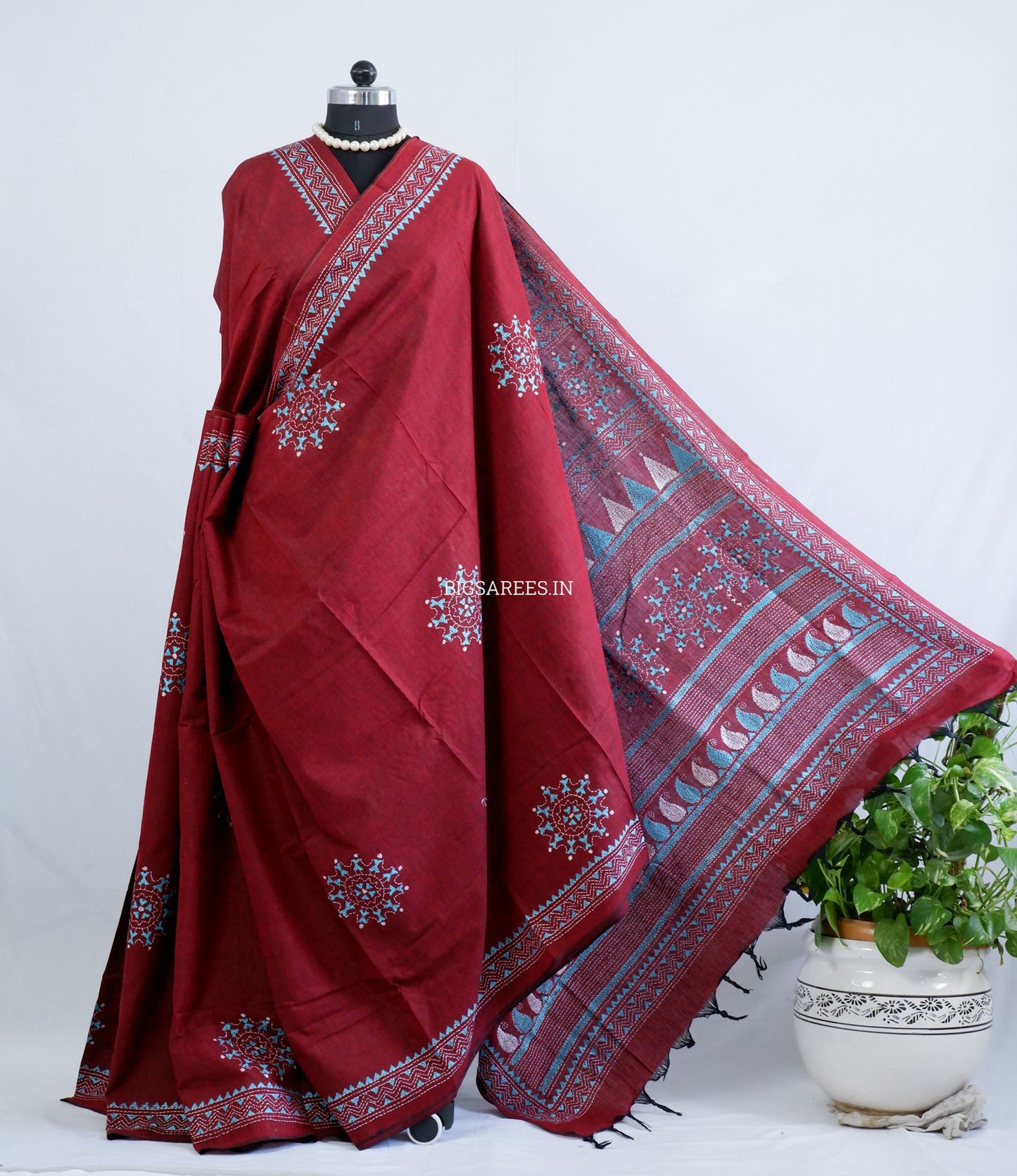 Kantha Stitch Hand-Embroidered Saree | Khadi Cotton | Maroon