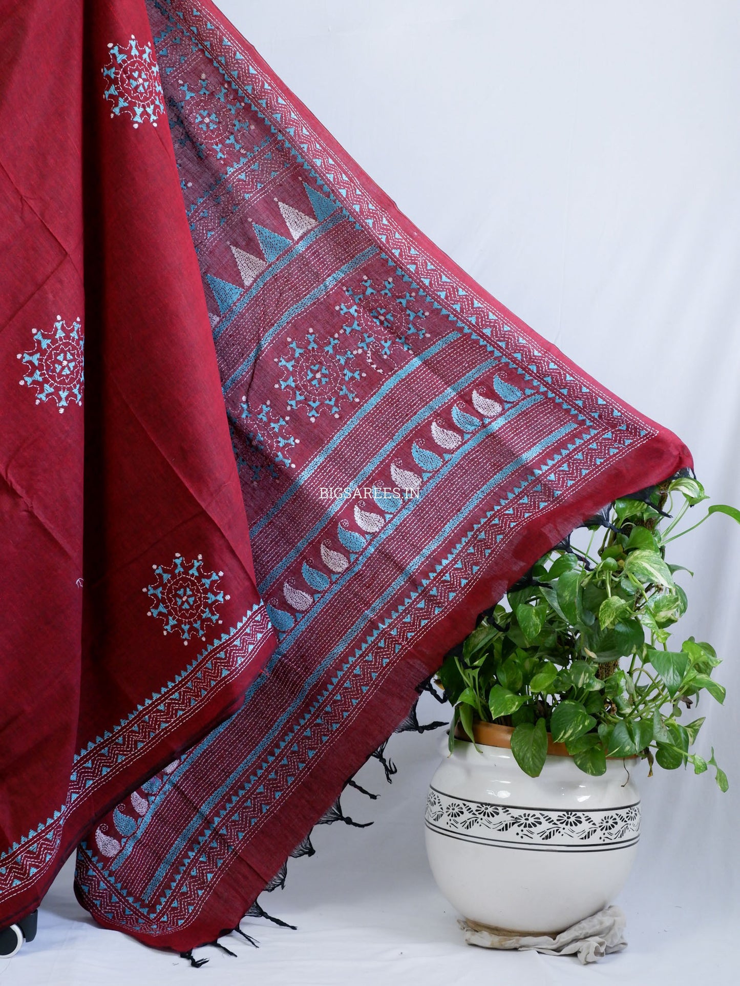Kantha Stitch Hand-Embroidered Saree | Khadi Cotton | Maroon