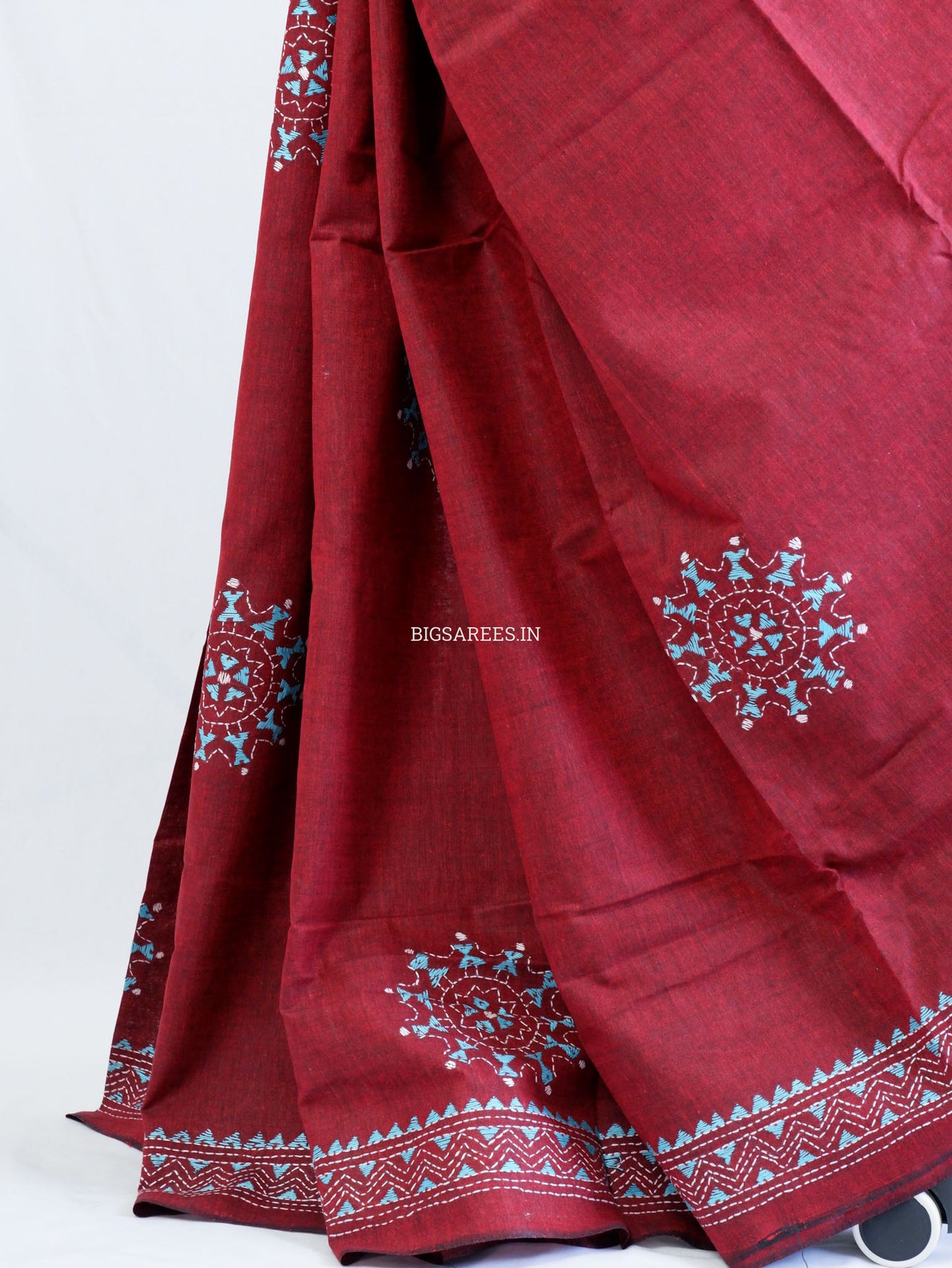 Kantha Stitch Hand-Embroidered Saree | Khadi Cotton | Maroon