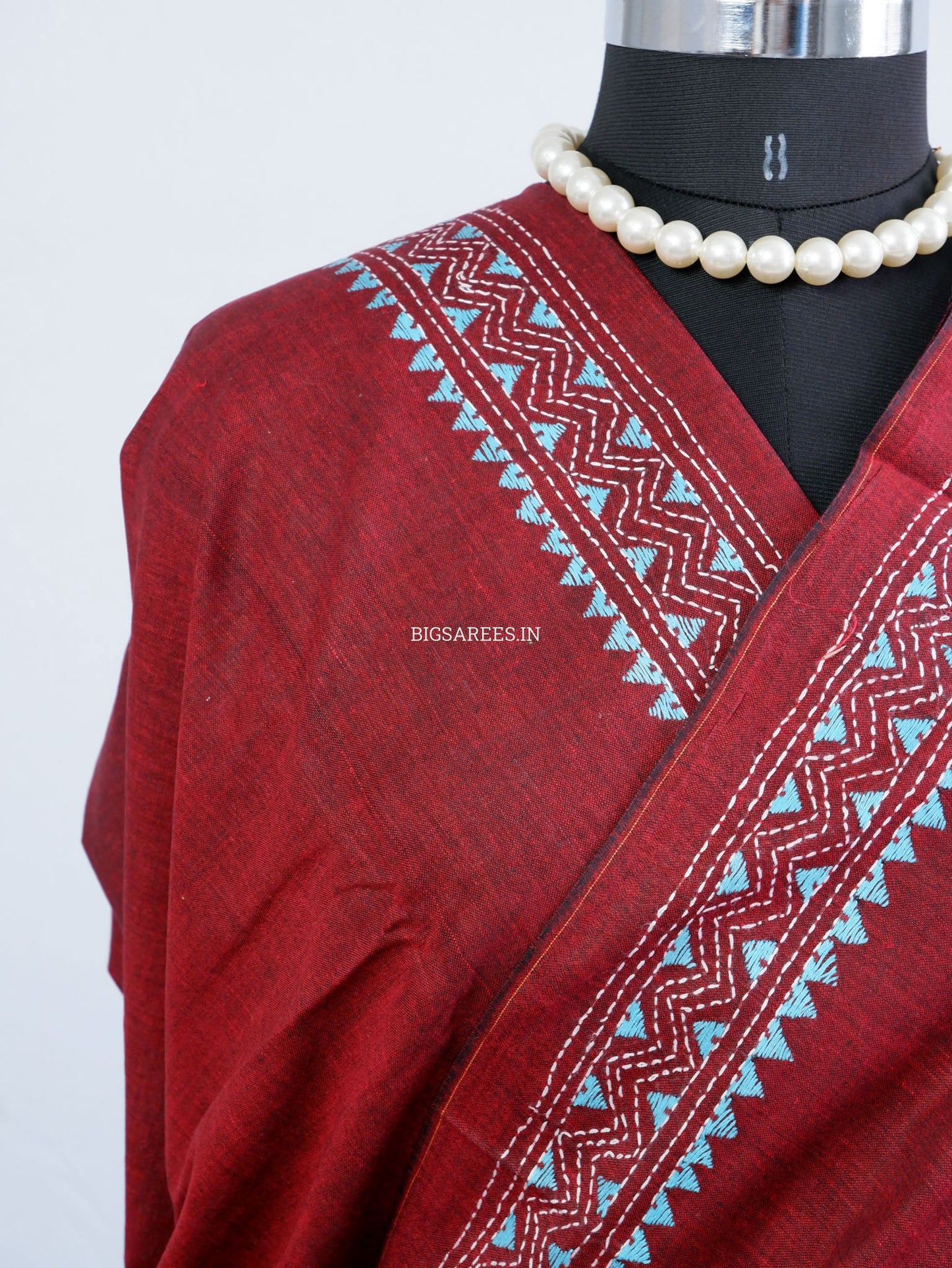 Kantha Stitch Hand-Embroidered Saree | Khadi Cotton | Maroon