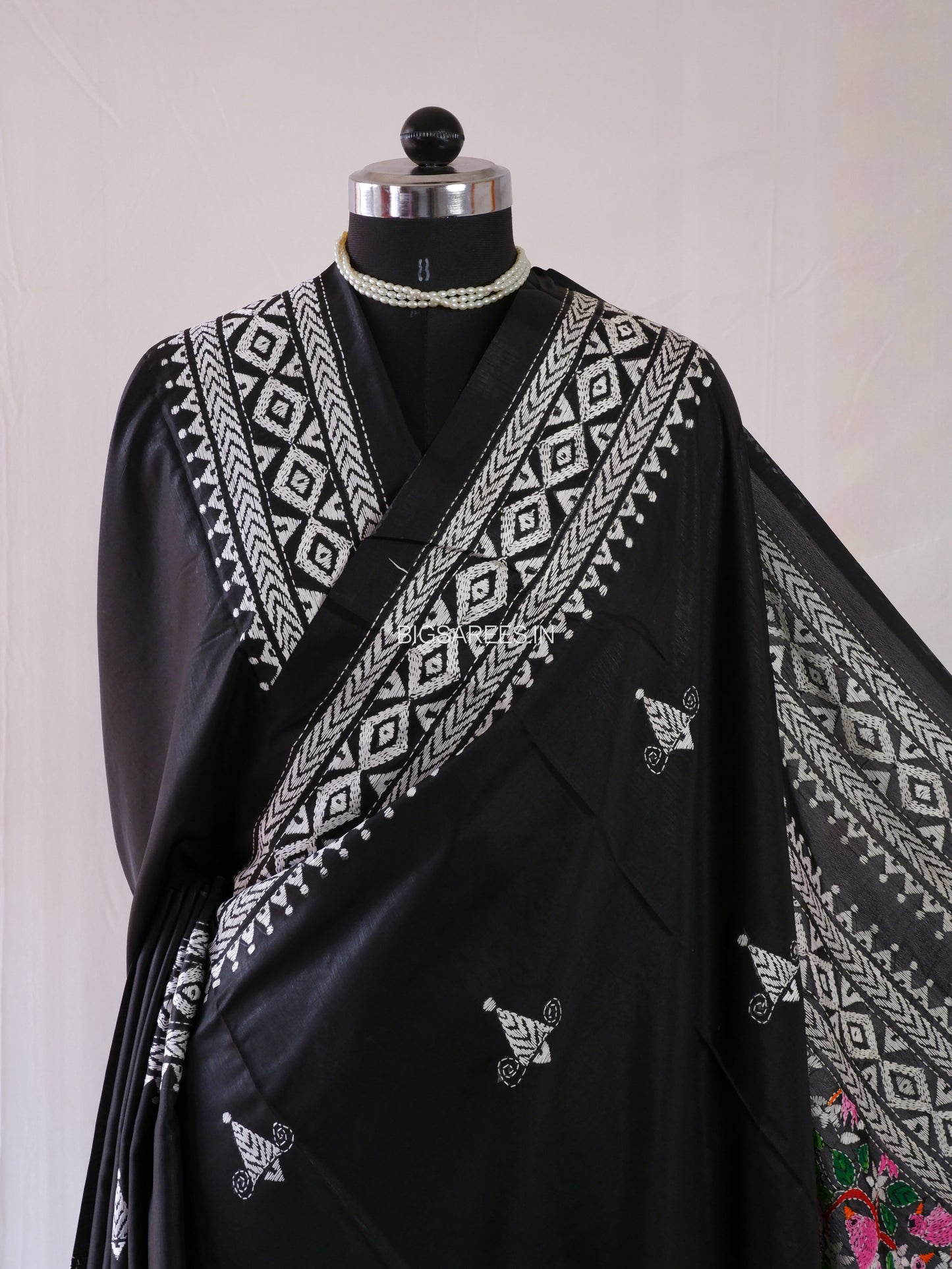 Kantha - Stitch Hand Embroidered Saree | Blended Bangalore Silk / Art Silk | Black
