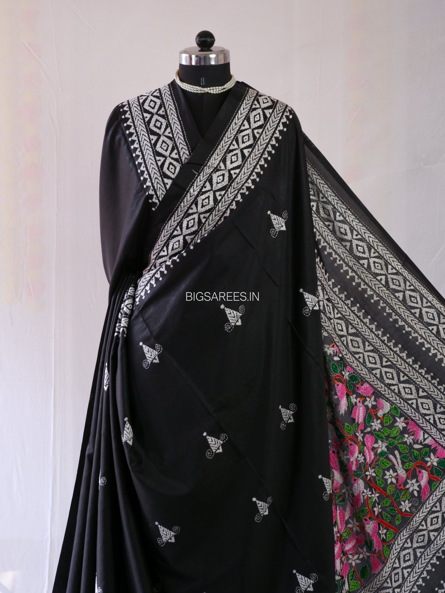 Kantha - Stitch Hand Embroidered Saree | Blended Bangalore Silk / Art Silk | Black