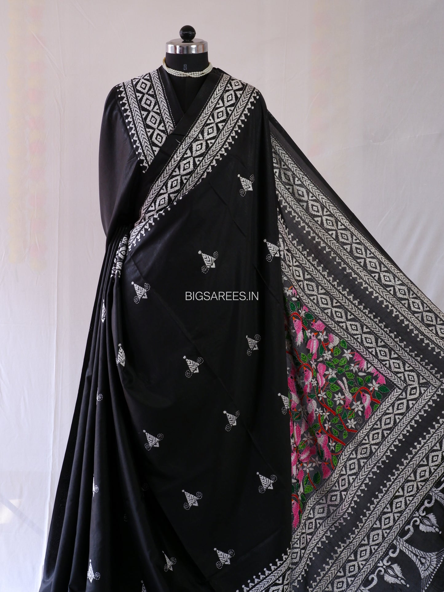 Kantha - Stitch Hand Embroidered Saree | Blended Bangalore Silk / Art Silk | Black