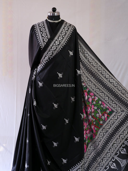 Kantha - Stitch Hand Embroidered Saree | Blended Bangalore Silk / Art Silk | Black