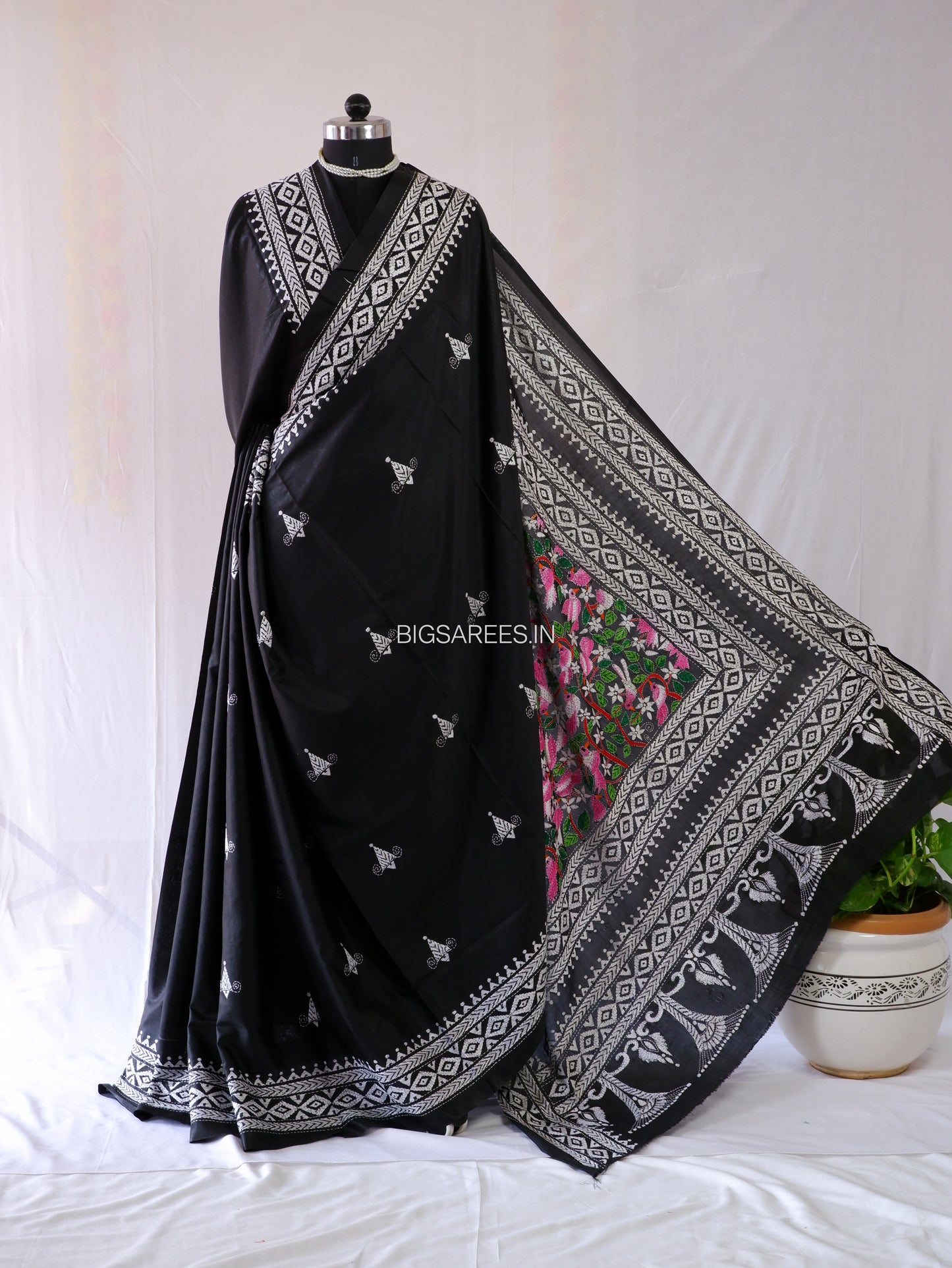 Kantha - Stitch Hand Embroidered Saree | Blended Bangalore Silk / Art Silk | Black