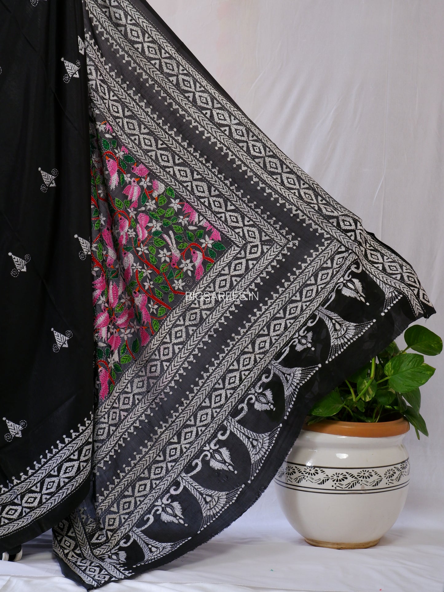 Kantha - Stitch Hand Embroidered Saree | Blended Bangalore Silk / Art Silk | Black