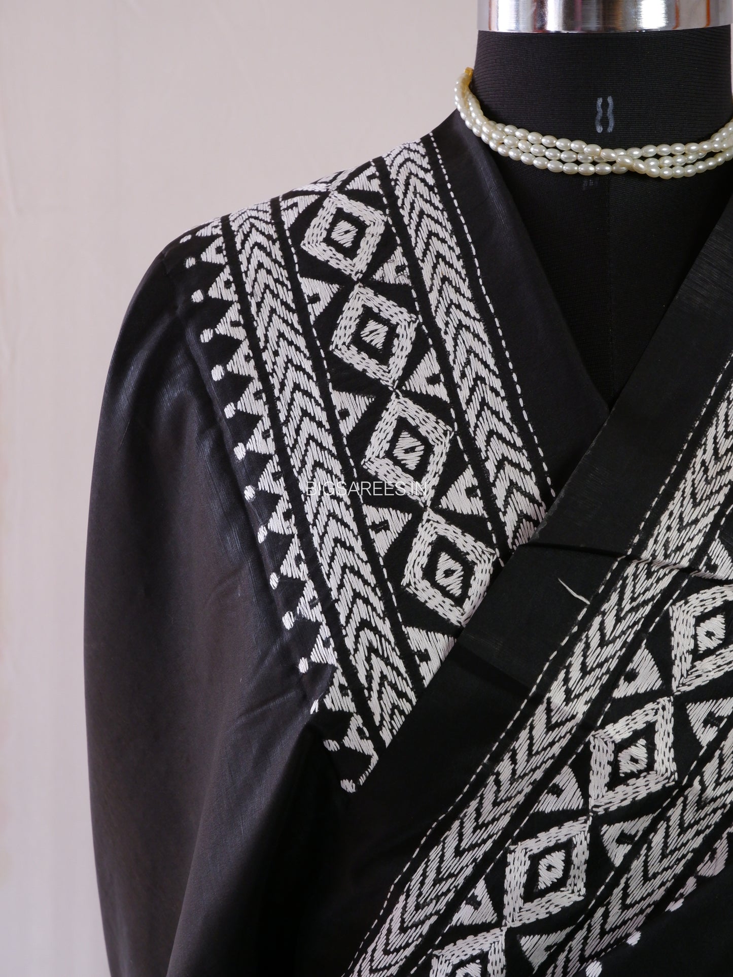 Kantha - Stitch Hand Embroidered Saree | Blended Bangalore Silk / Art Silk | Black