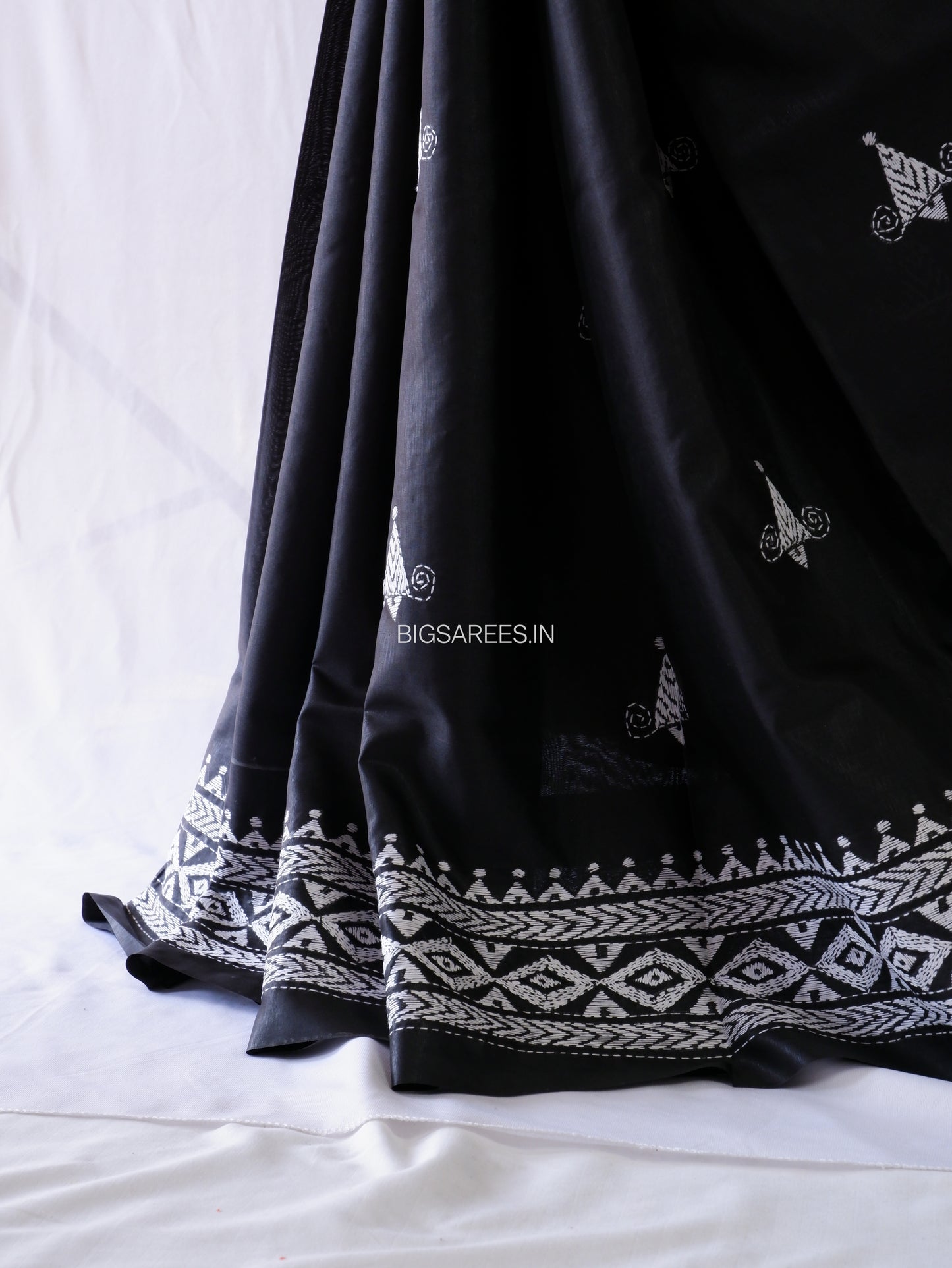 Kantha - Stitch Hand Embroidered Saree | Blended Bangalore Silk / Art Silk | Black