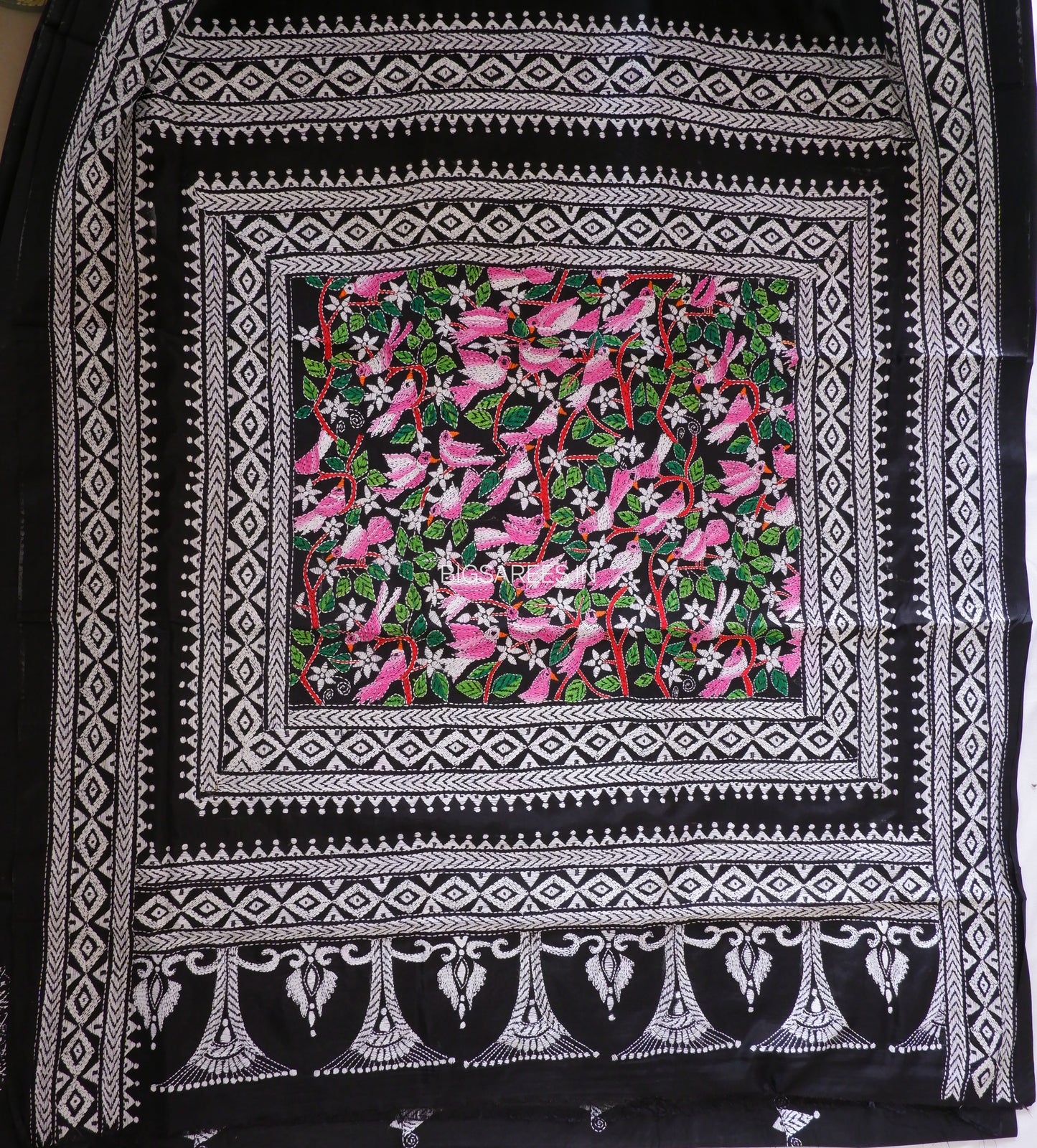 Kantha - Stitch Hand Embroidered Saree | Blended Bangalore Silk / Art Silk | Black