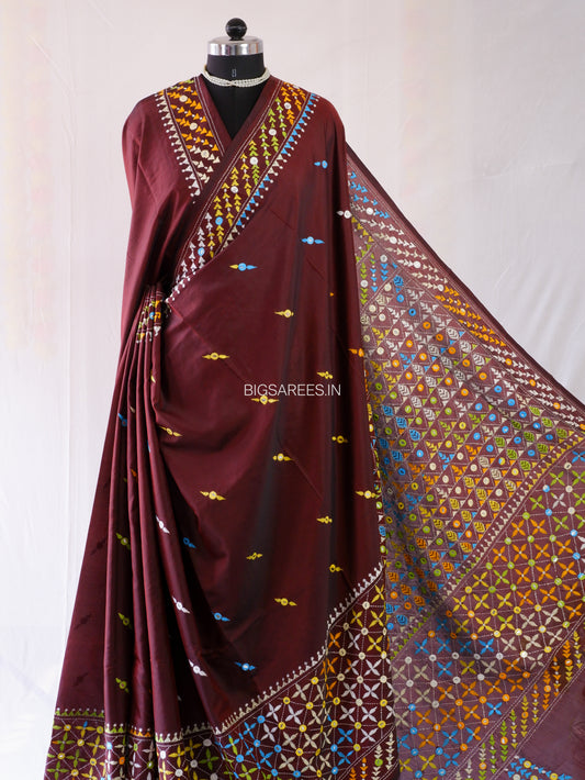 Kantha - Stitch Hand Embroidered Saree | Blended Bangalore Silk / Art Silk | Maroon