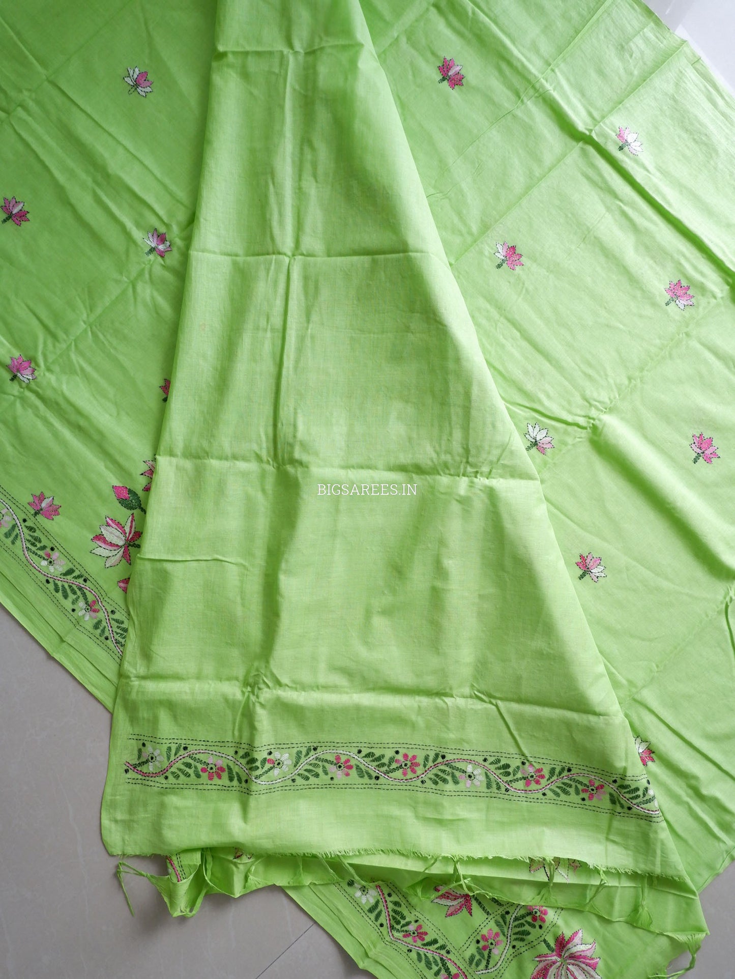 Kantha Hand-Embroidered Saree | Pure Khadi Cotton | Light Green