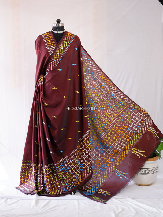 Kantha - Stitch Hand Embroidered Saree | Blended Bangalore Silk / Art Silk | Maroon