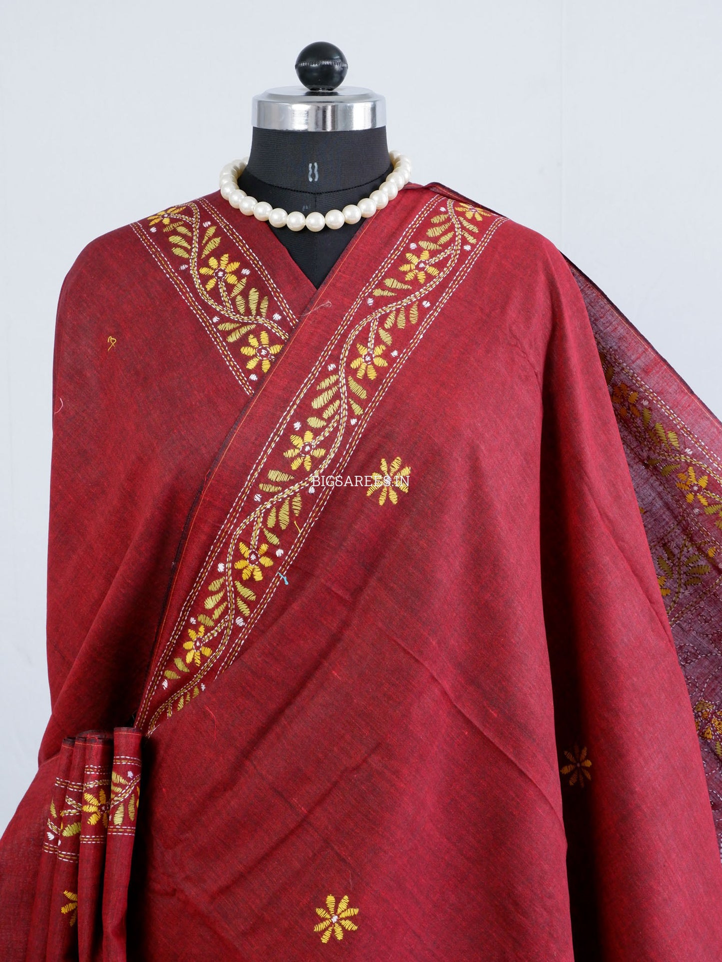 Kantha Hand-Embroidered Saree | Pure Khadi Cotton | Maroon