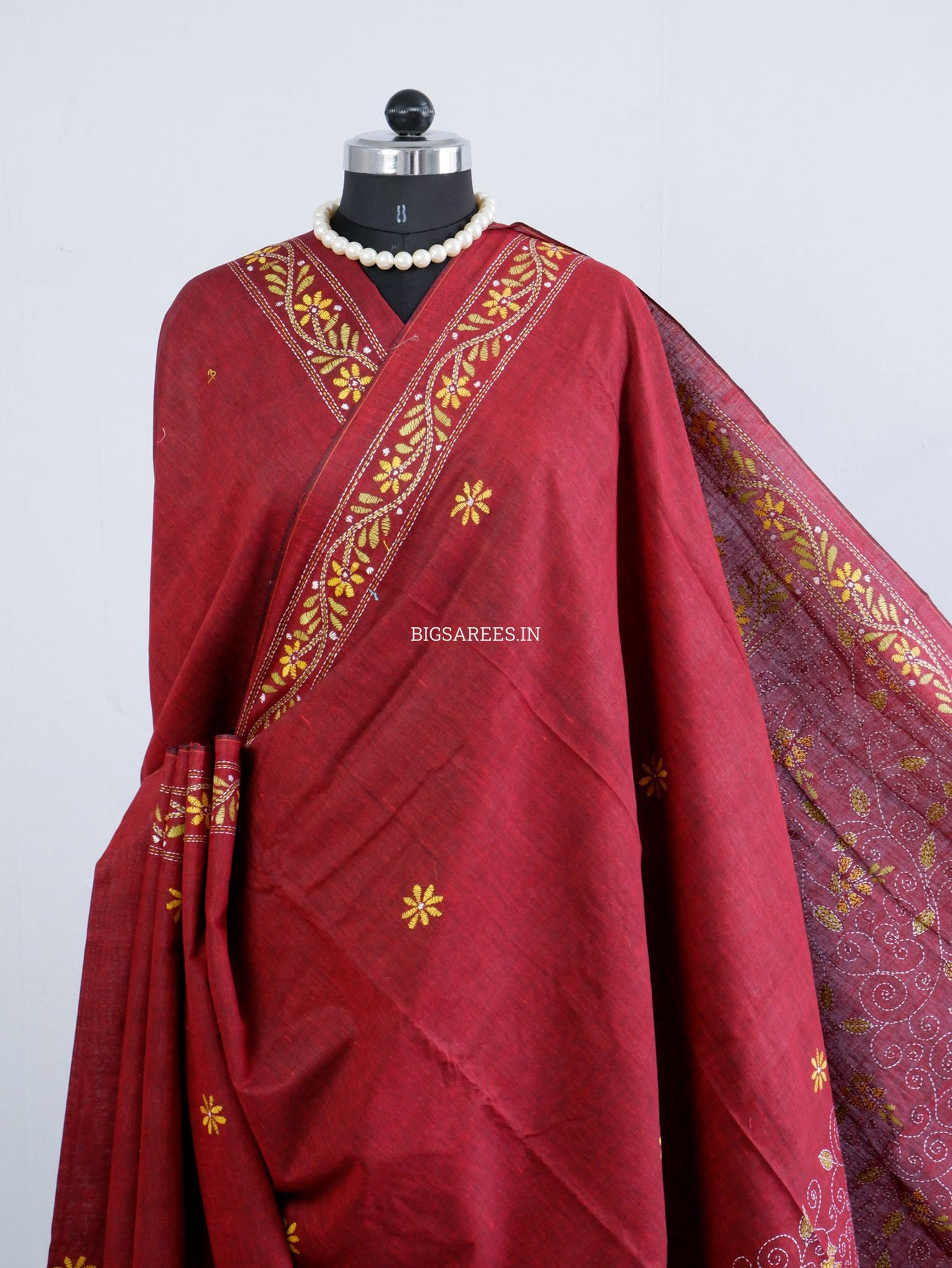 Kantha Hand-Embroidered Saree | Pure Khadi Cotton | Maroon