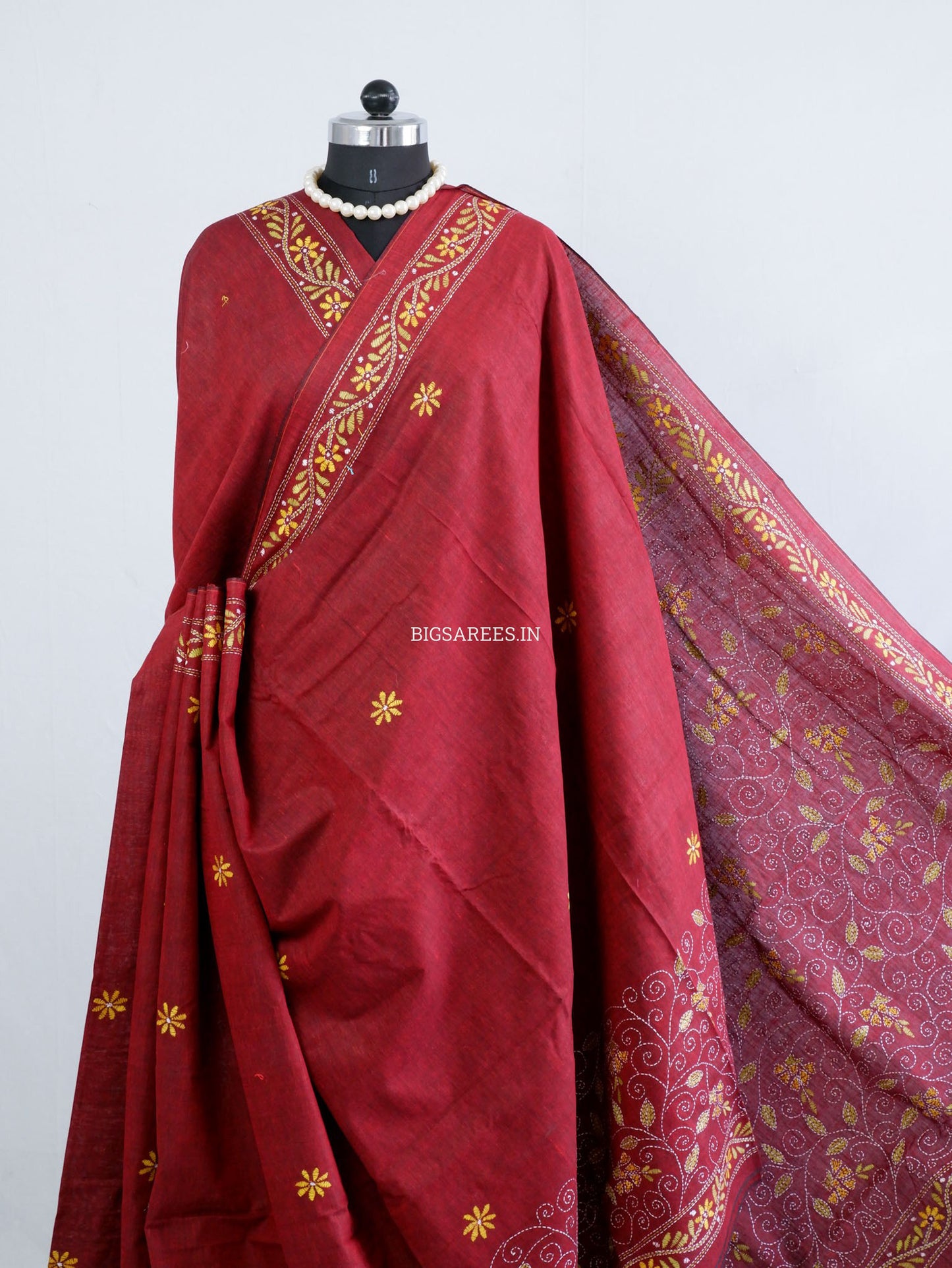 Kantha Hand-Embroidered Saree | Pure Khadi Cotton | Maroon