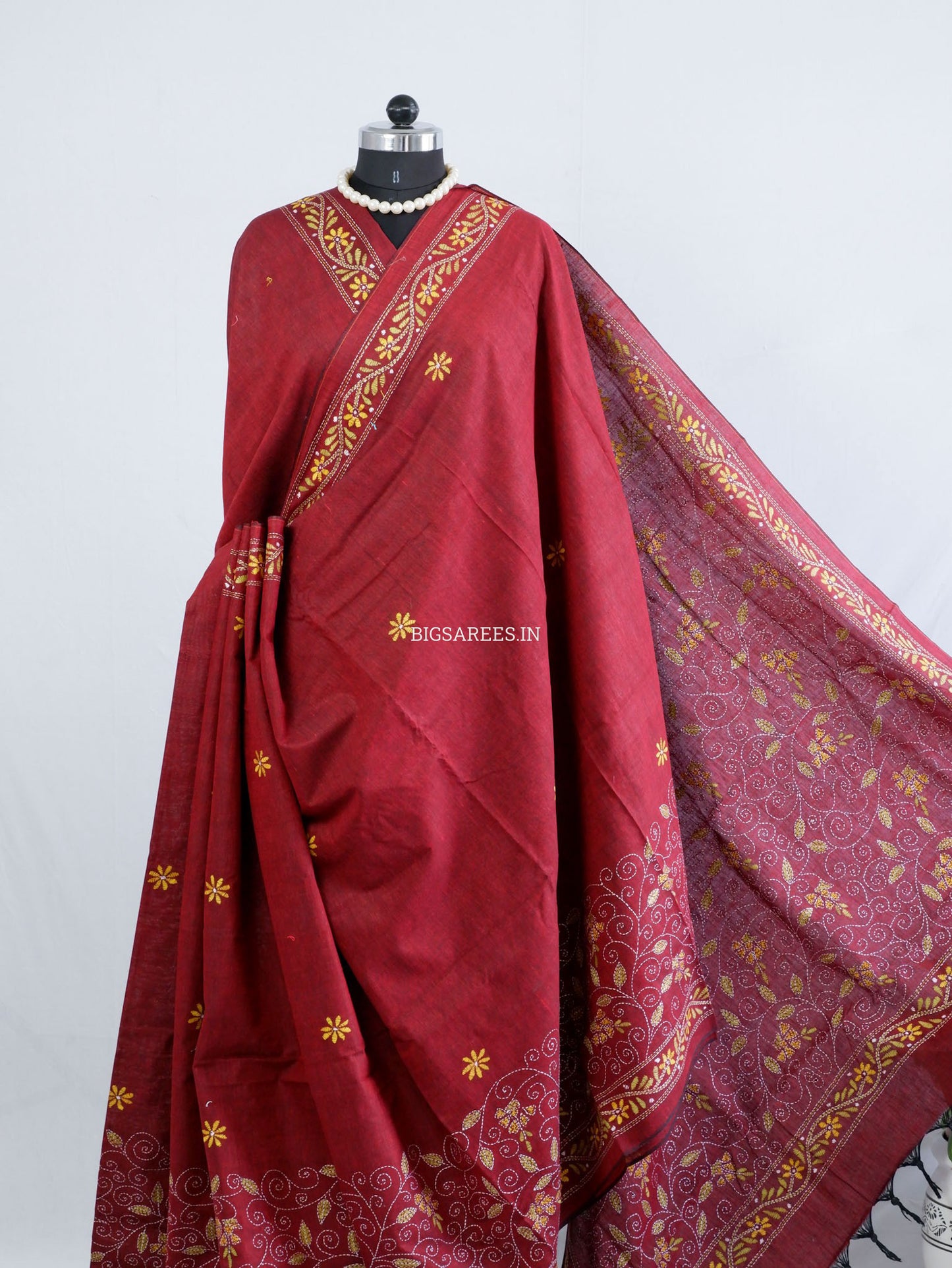 Kantha Hand-Embroidered Saree | Pure Khadi Cotton | Maroon