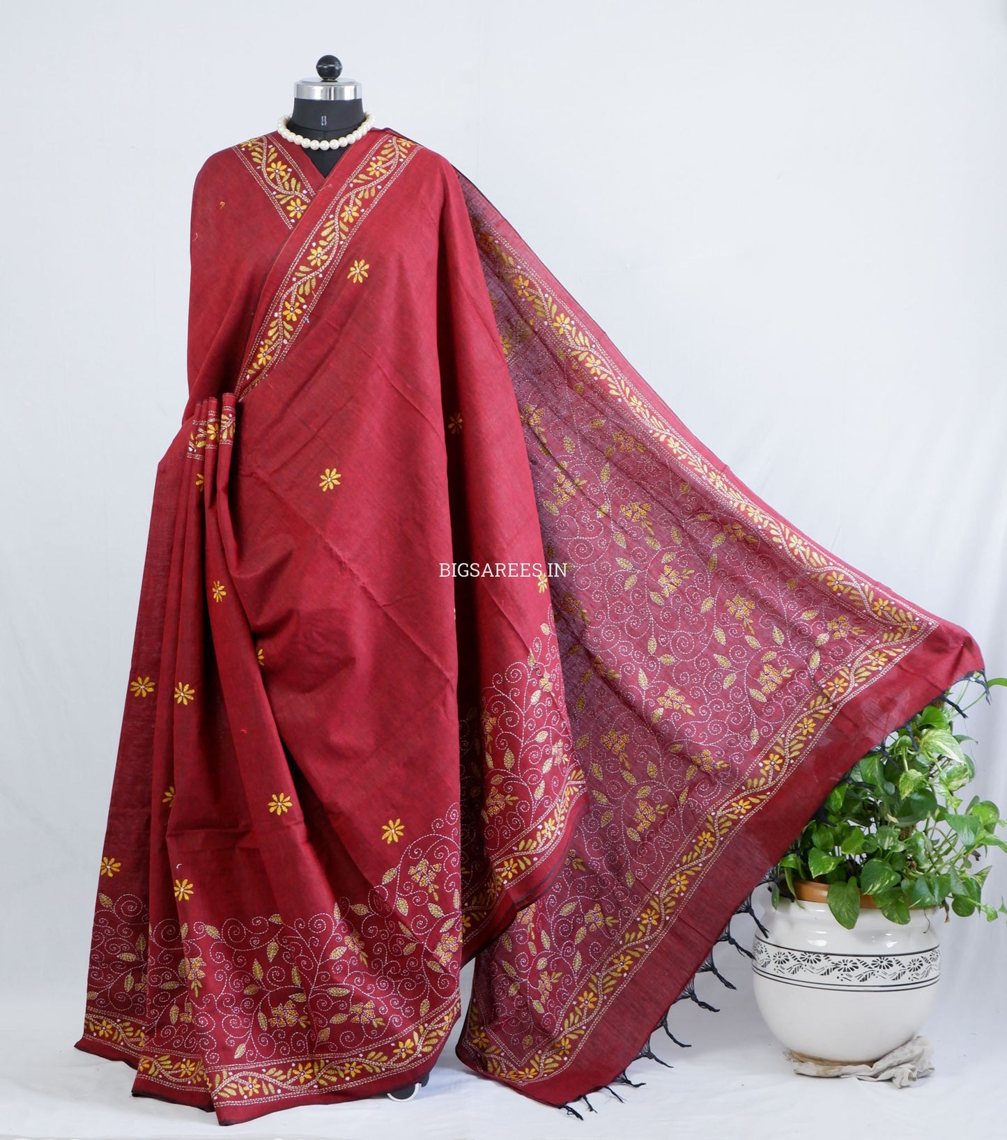 Kantha Hand-Embroidered Saree | Pure Khadi Cotton | Maroon