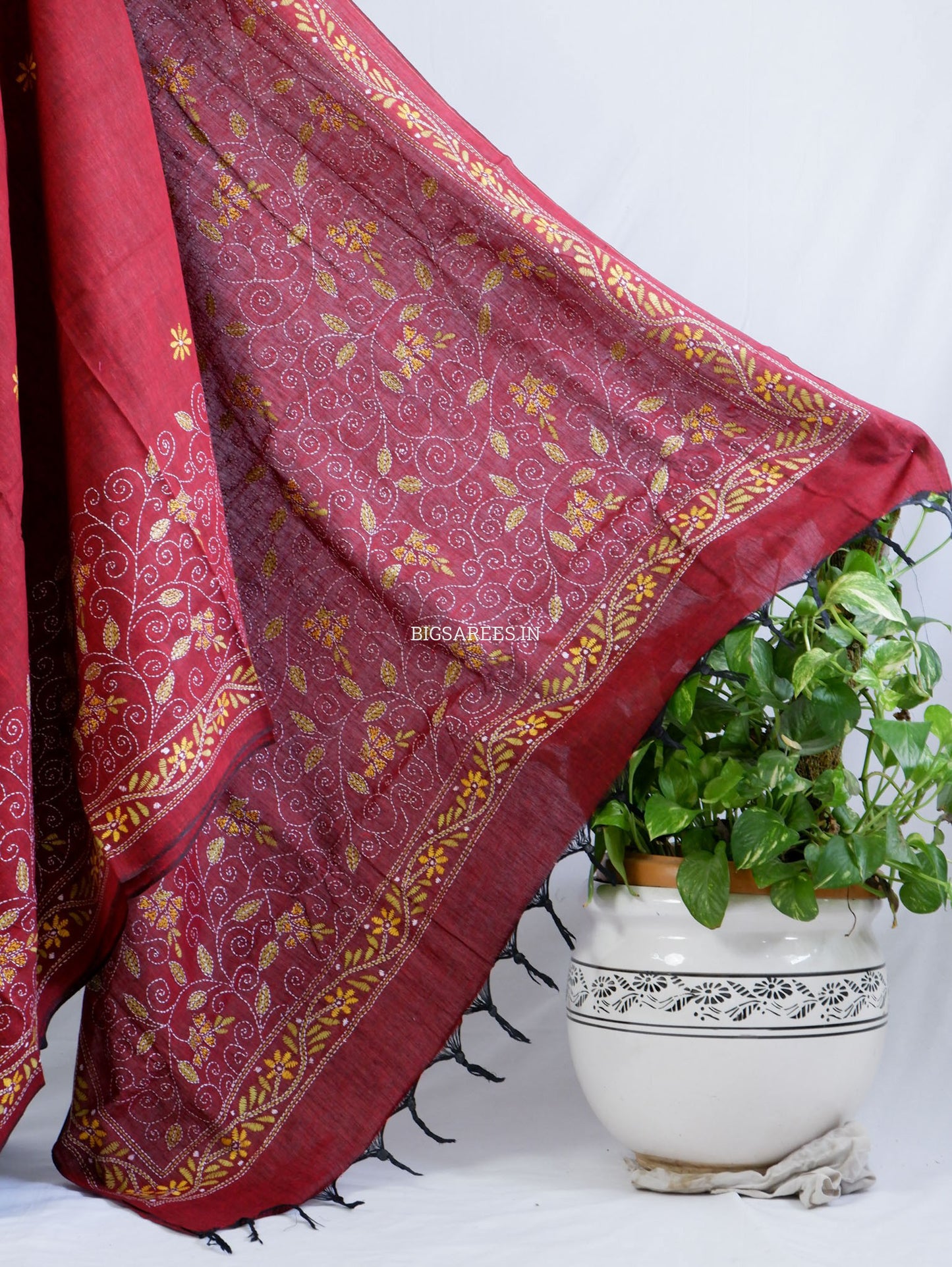 Kantha Hand-Embroidered Saree | Pure Khadi Cotton | Maroon