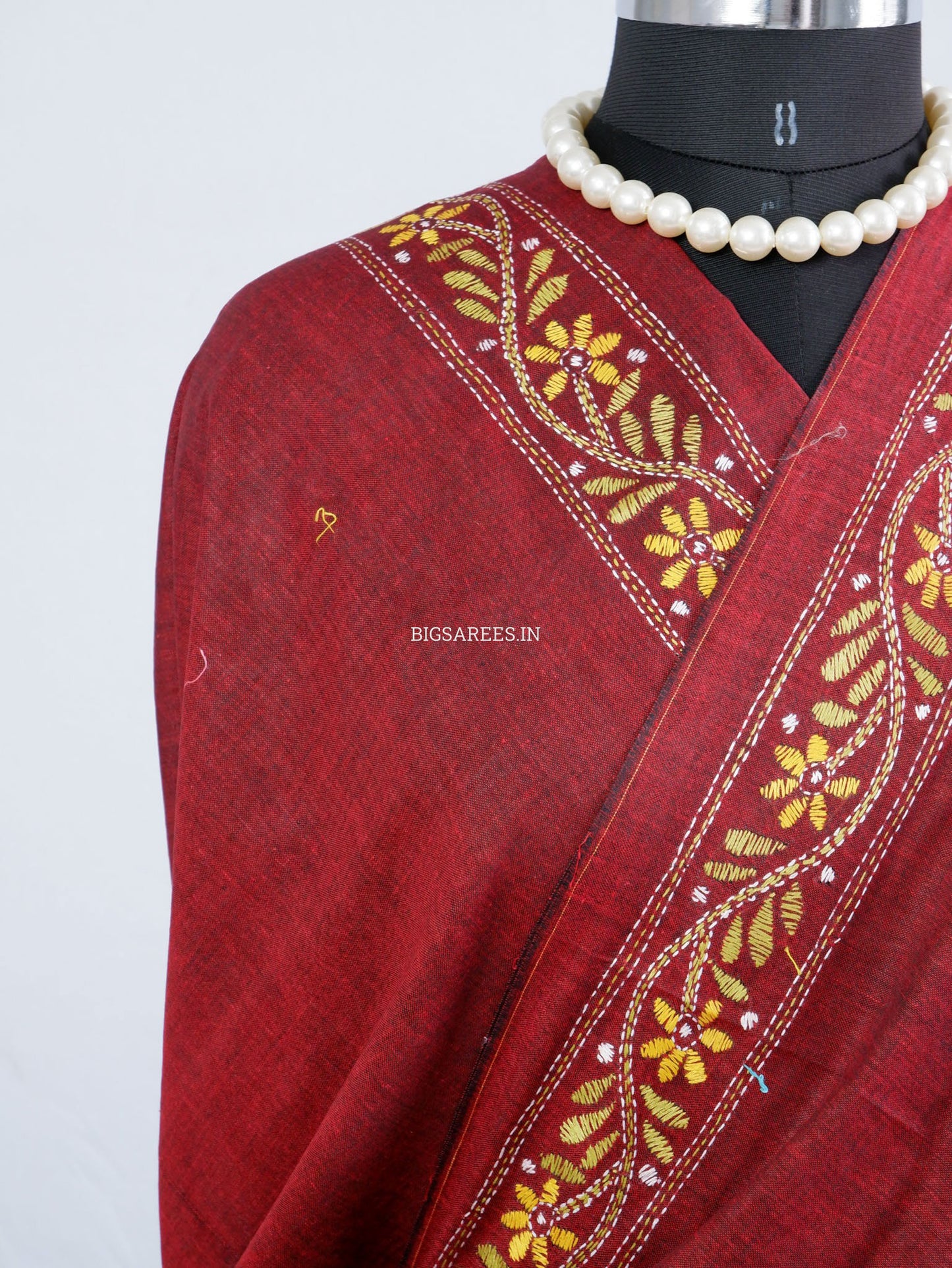 Kantha Hand-Embroidered Saree | Pure Khadi Cotton | Maroon