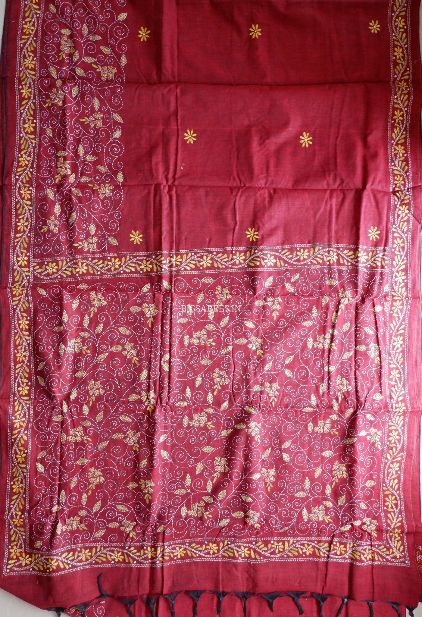 Kantha Hand-Embroidered Saree | Pure Khadi Cotton | Maroon