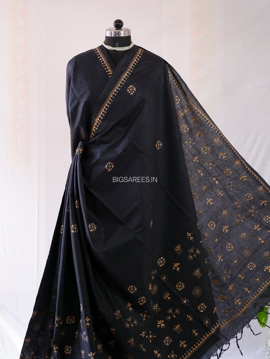 Kantha Hand-Embroidered Saree | Pure Cotton | Black