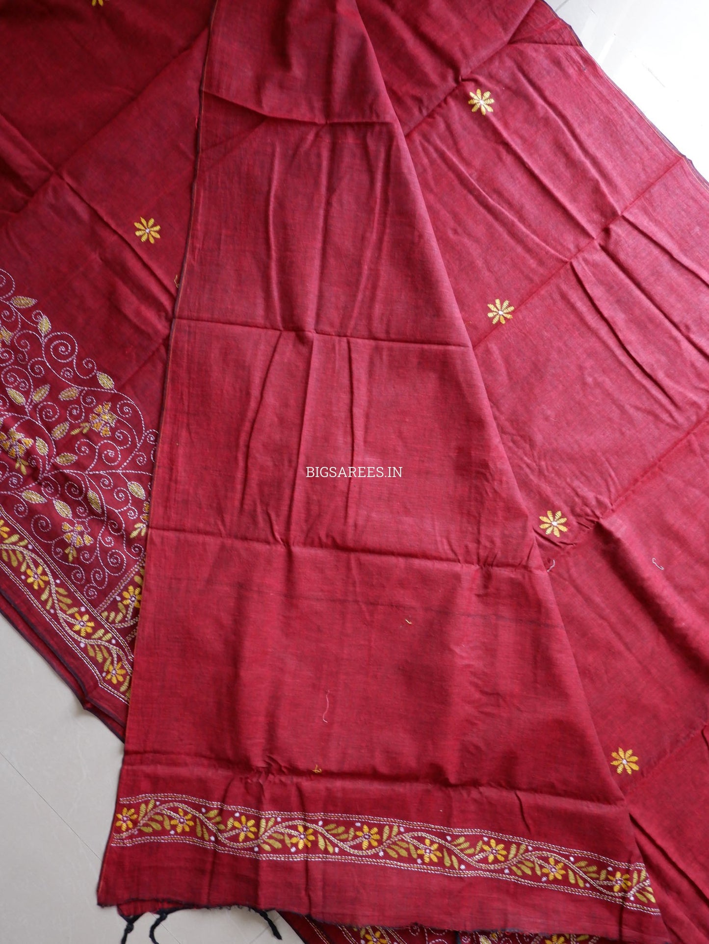 Kantha Hand-Embroidered Saree | Pure Khadi Cotton | Maroon
