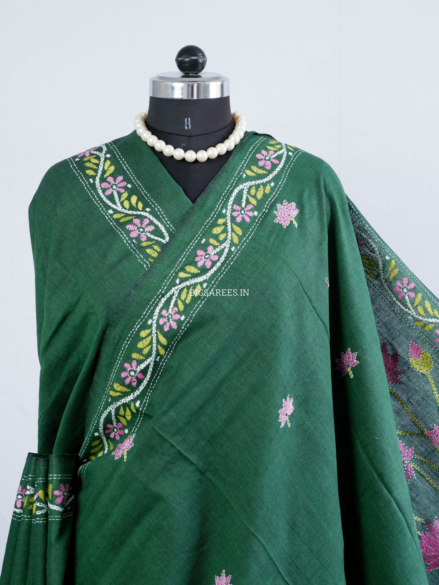 Kantha Hand-Embroidered Saree | Pure Khadi Cotton | Dark Green