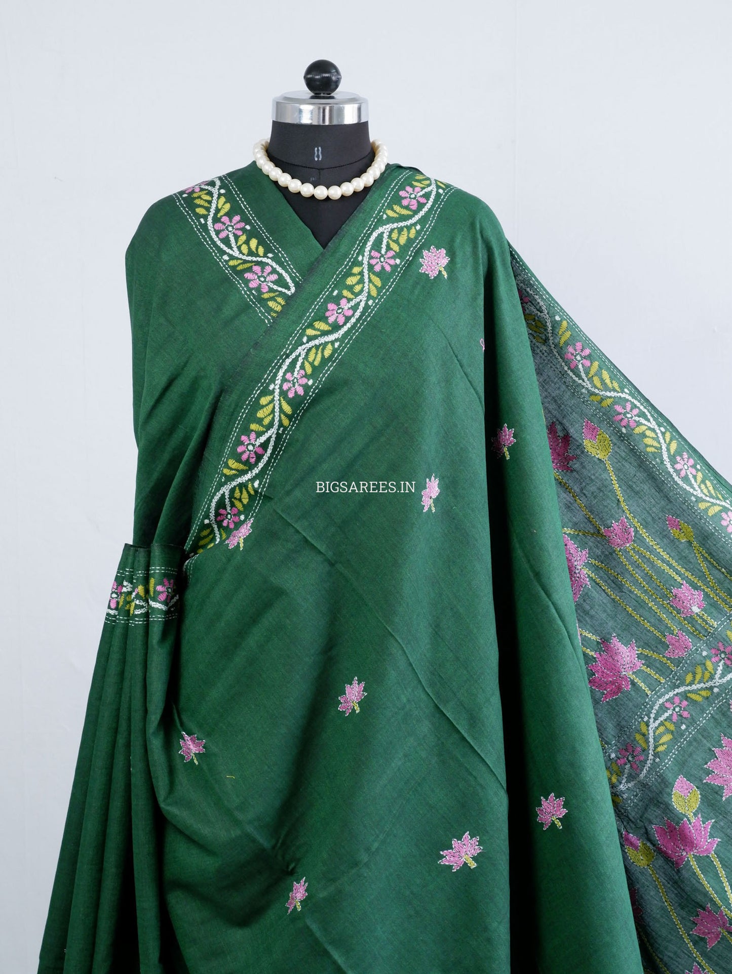 Kantha Hand-Embroidered Saree | Pure Khadi Cotton | Dark Green