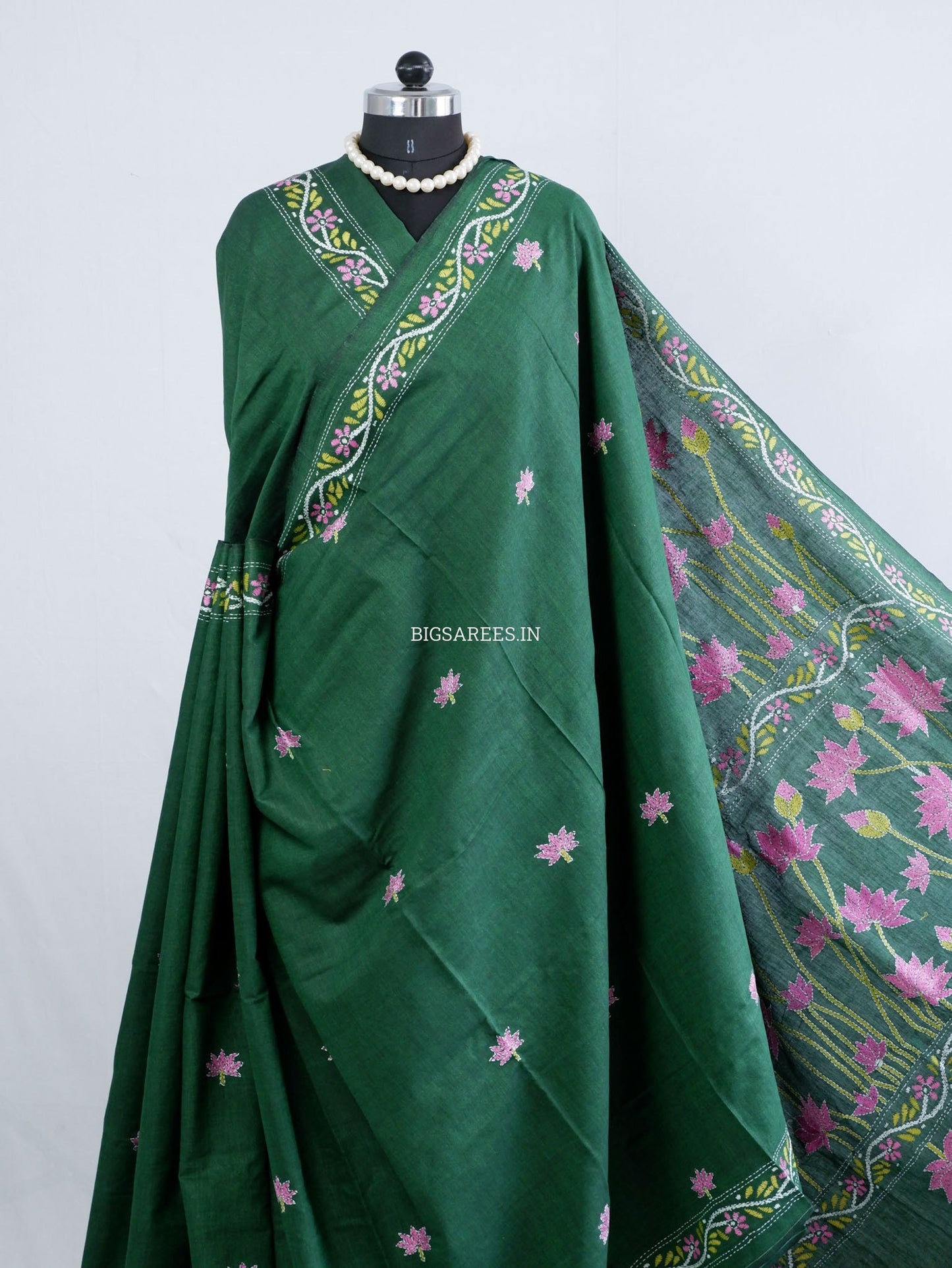 Kantha Hand-Embroidered Saree | Pure Khadi Cotton | Dark Green