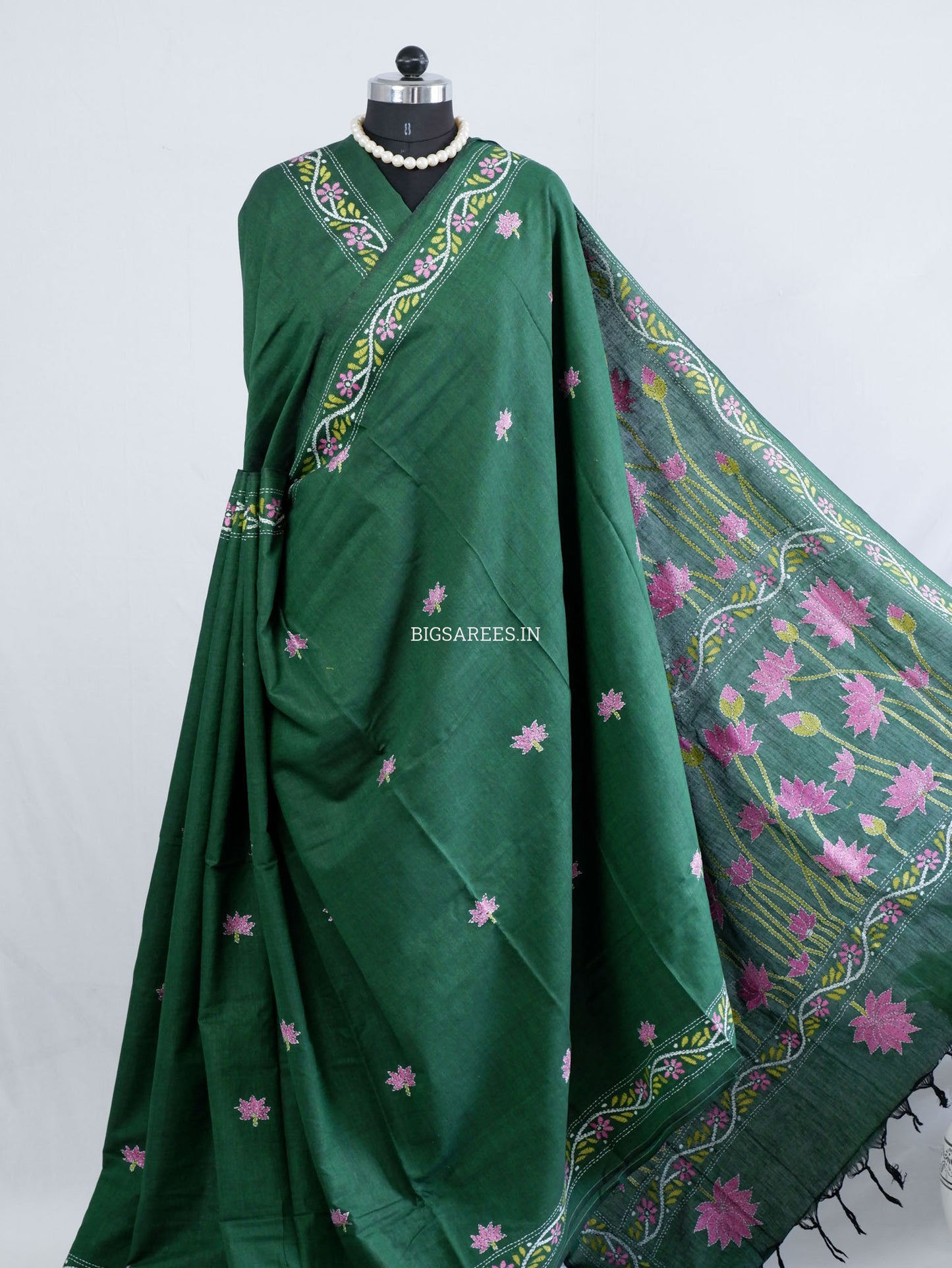 Kantha Hand-Embroidered Saree | Pure Khadi Cotton | Dark Green