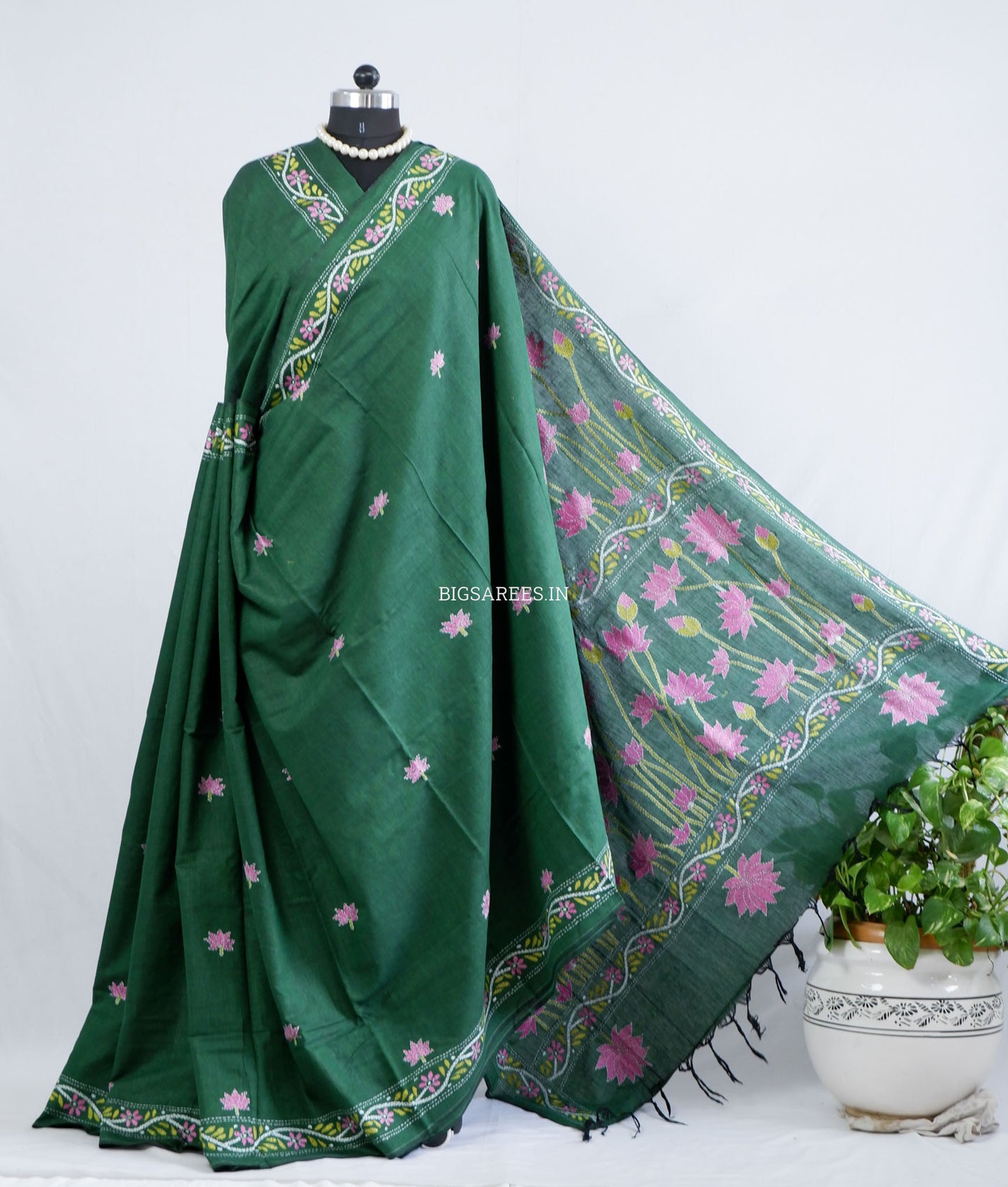 Kantha Hand-Embroidered Saree | Pure Khadi Cotton | Dark Green