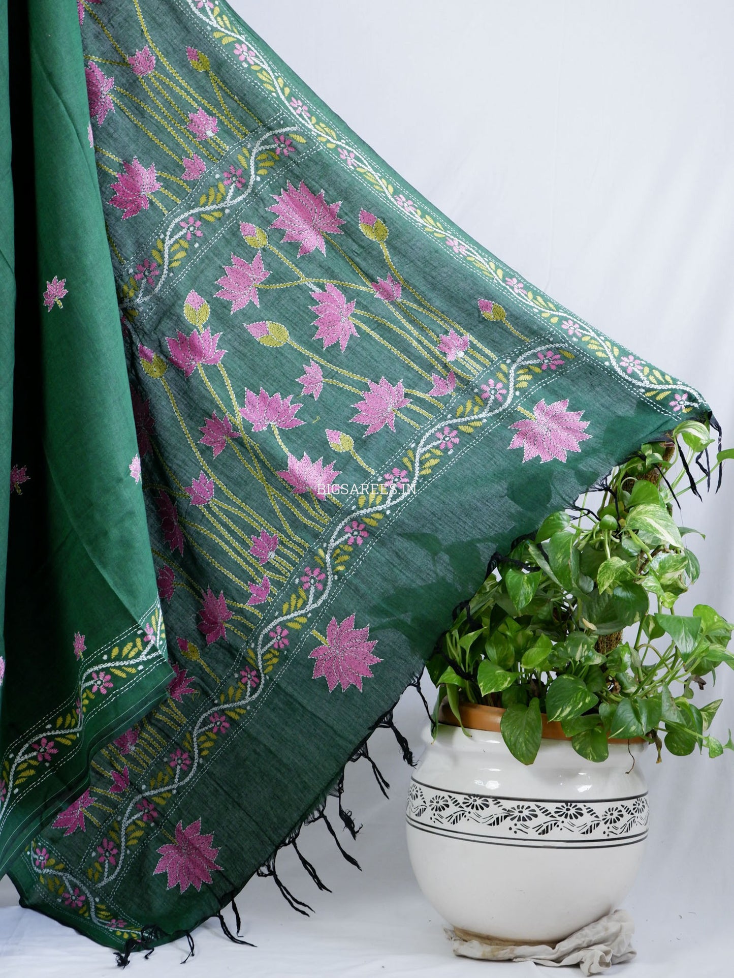 Kantha Hand-Embroidered Saree | Pure Khadi Cotton | Dark Green