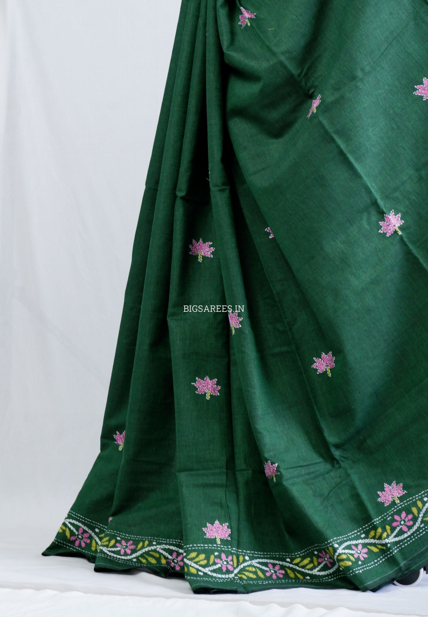 Kantha Hand-Embroidered Saree | Pure Khadi Cotton | Dark Green